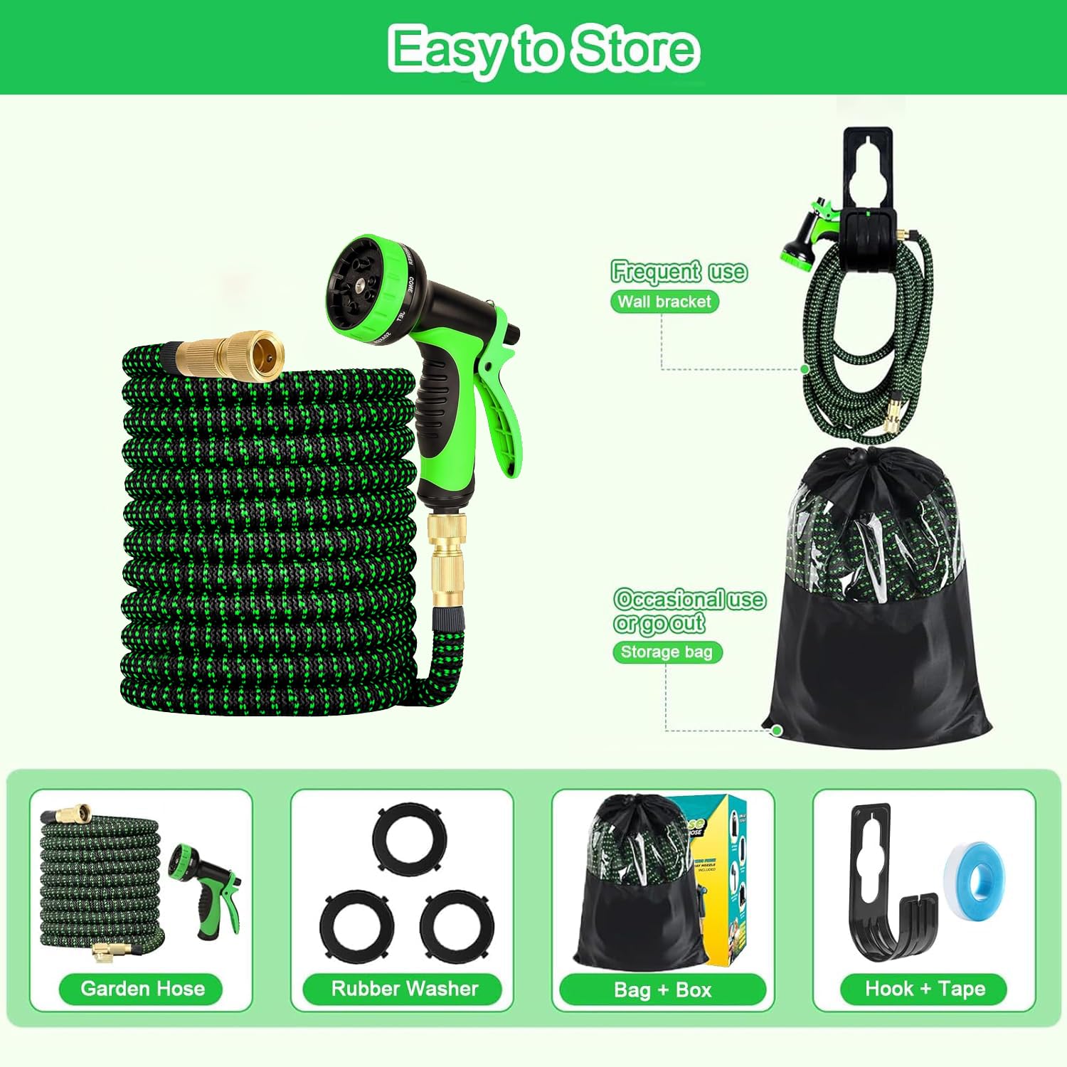Dehnbarer Gartenschlauch, mit 10 Sprühmustern, geeignet für 1/2 Zoll und 3/4 Zoll Wasserhähne, flexibler und leichter Schlauch für Garten, Bewässerung, Reinigung mit Aufbewahrungstasche