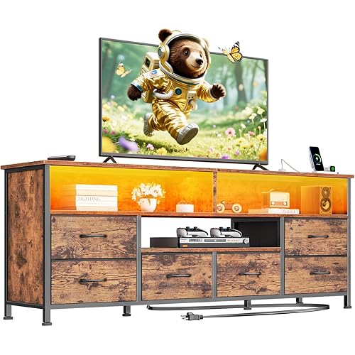 Furologee 55" LED TV Stand for Bedroom with Power Outlets, Entertainment Center with 6 Fabric Drawers for 50/55/60 inch TVs, Dresser TV Stand Long Console Media Table for Living Room, Rustic Brown