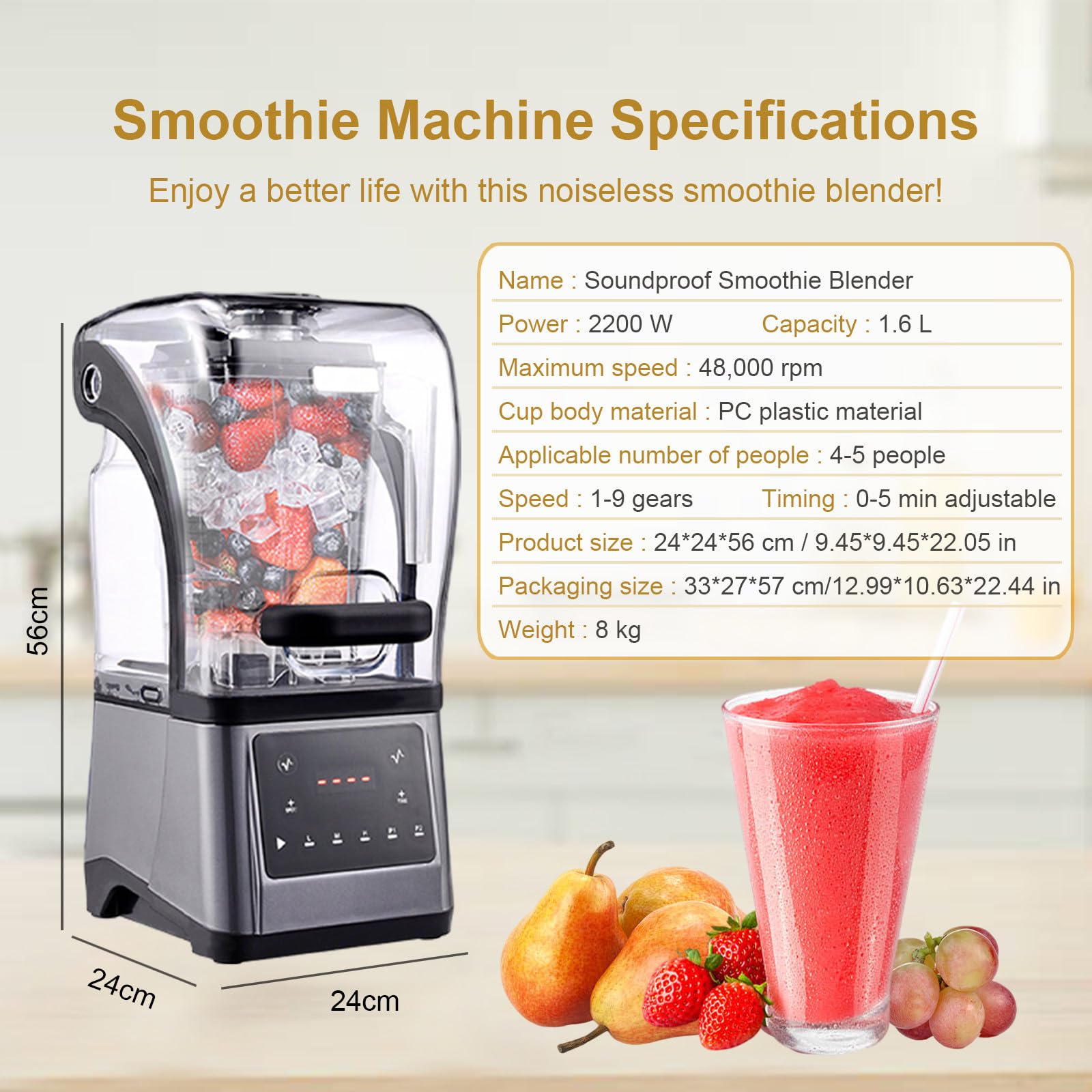 Blender elektryczny do koktajli, komercyjny blender kielichowy o mocy 2200 W z pojemnikiem o pojemności 1,6 l, 9 ustawień prędkości, funkcja kruszenia lodu, samoczyszczący do koktajli i shake'ów