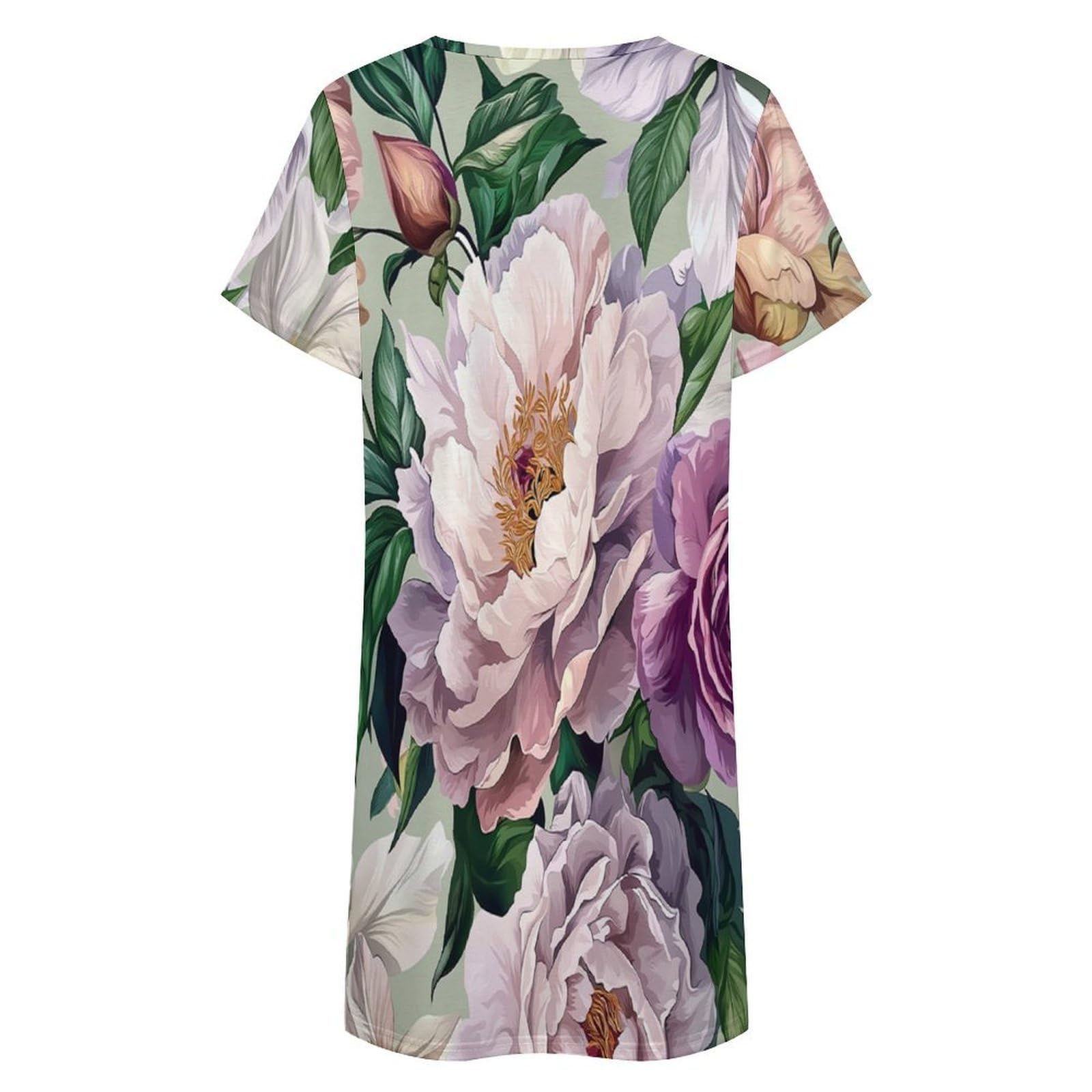 Camisones De Mujer - Peonía Púrpura Camisón De Manga Corta para Estar En Casa Tallas S-3Xl Holgado Largo Suave para El Verano.