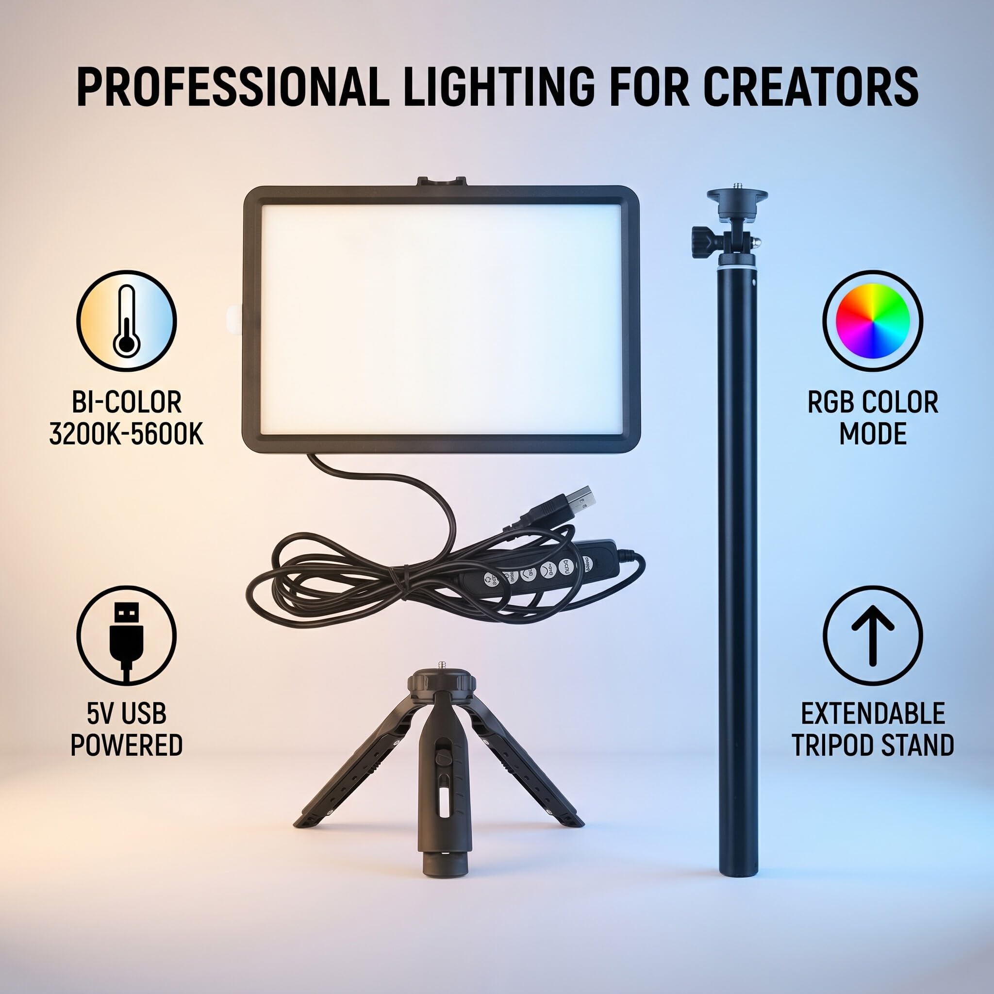 LED Studio Light, RGB Video Light Kit 10 Livelli Kit di Illuminazione Video LED Dimmibile USB con Treppiede per Registrazione Video, Streaming di Gioco, YouTube