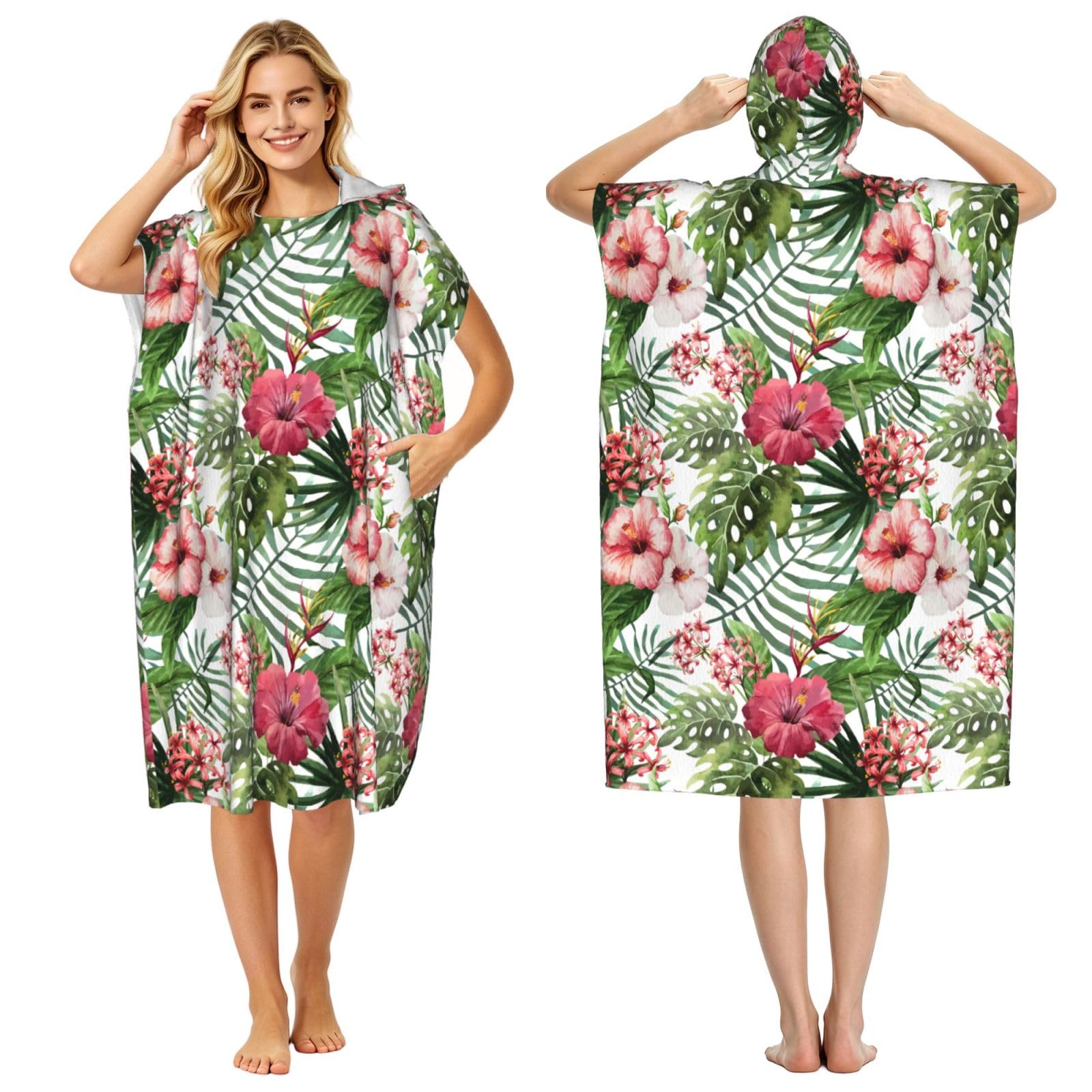 Poadnly Hibiscus Flower Print, Adult Hooded Beach Towel 90 x 110 cm,Changing Bath Robe, Surf Poncho Towel For Women Men