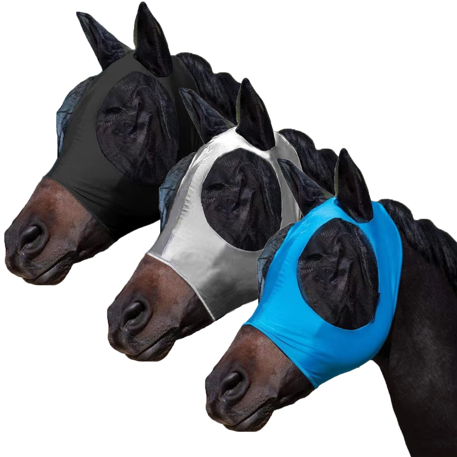 FOXLVDA 3 Pcs Horse Fly Mask - Fly Masks for Horses with Ears, Fashionable and Breathable Stretch Fabric with UV & Sun Protection for Average Size