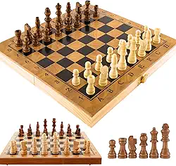 Tabuleiro de Xadrez 3 em 1 em Madeira 30x30cm — Xadrez, Dama e Gamão | Dobrável, Portátil e Elegante | Jogo de Estratégia para Todas as Idades