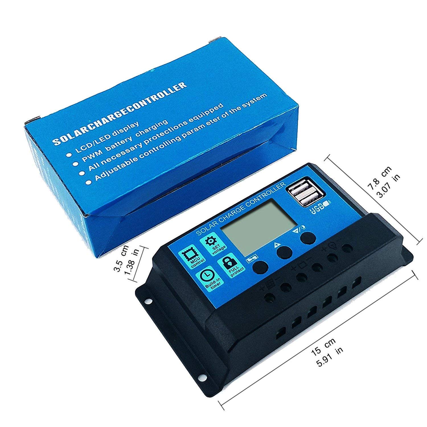 Y&H 30A Regulator ładowania solarnego 12V/24V, kontroler panelu słonecznego, parametry automatyczne do ustawienia, wyświetlacz LCD, regulator panelu słonecznego z portem Dual-USB