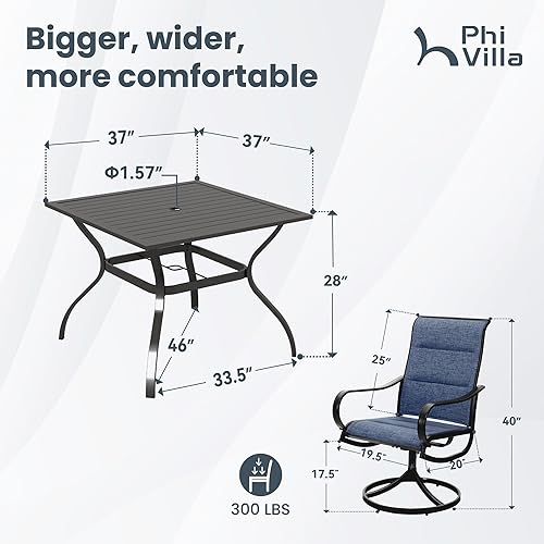 Miniatura 7 de PHI VILLA Juego de comedor de patio de 5 piezas con 4 sillas de comedor giratorias acolchadas para exteriores (azul) y mesa de comedor de acero de
