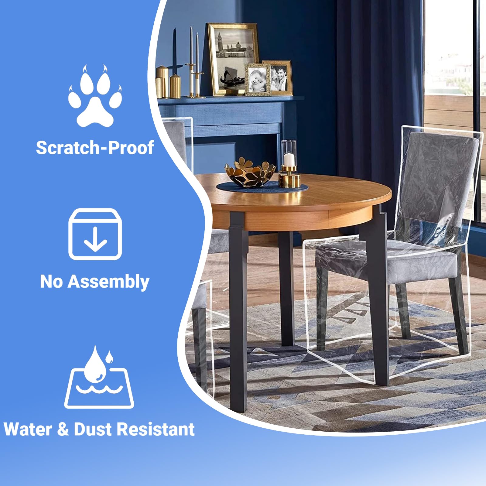 SagaSave: Fundas de plástico para sillas de comedor, juego de 4 fundas de asiento de PVC transparente para sillas, protector contra el agua, el polvo y los arañazos del gato