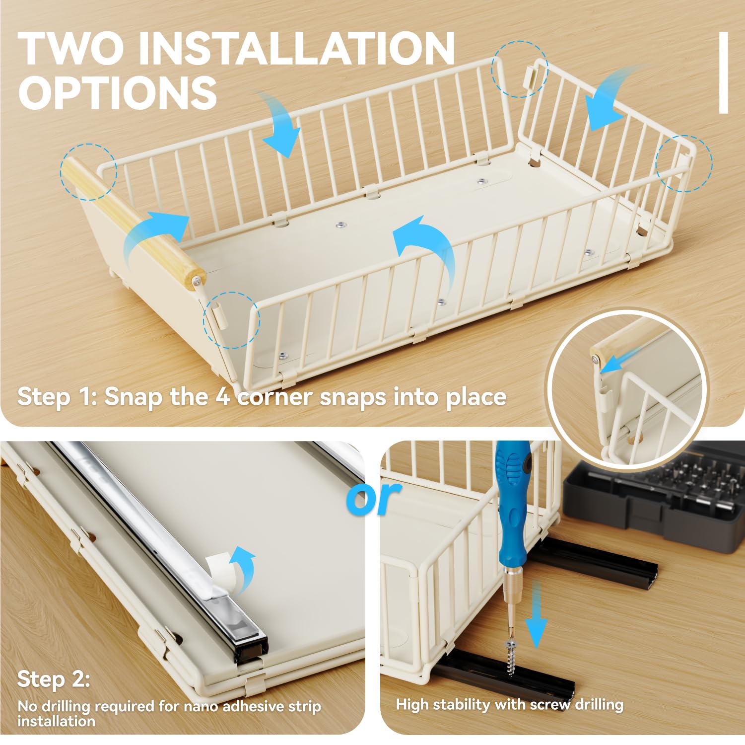 iHomara 4-pack uitbreidbare kastorganizer met kleefoppervlak, 53 cm diepe laden voor keukenonderkasten, verstelbare breedte 32 cm - 53 cm (wit