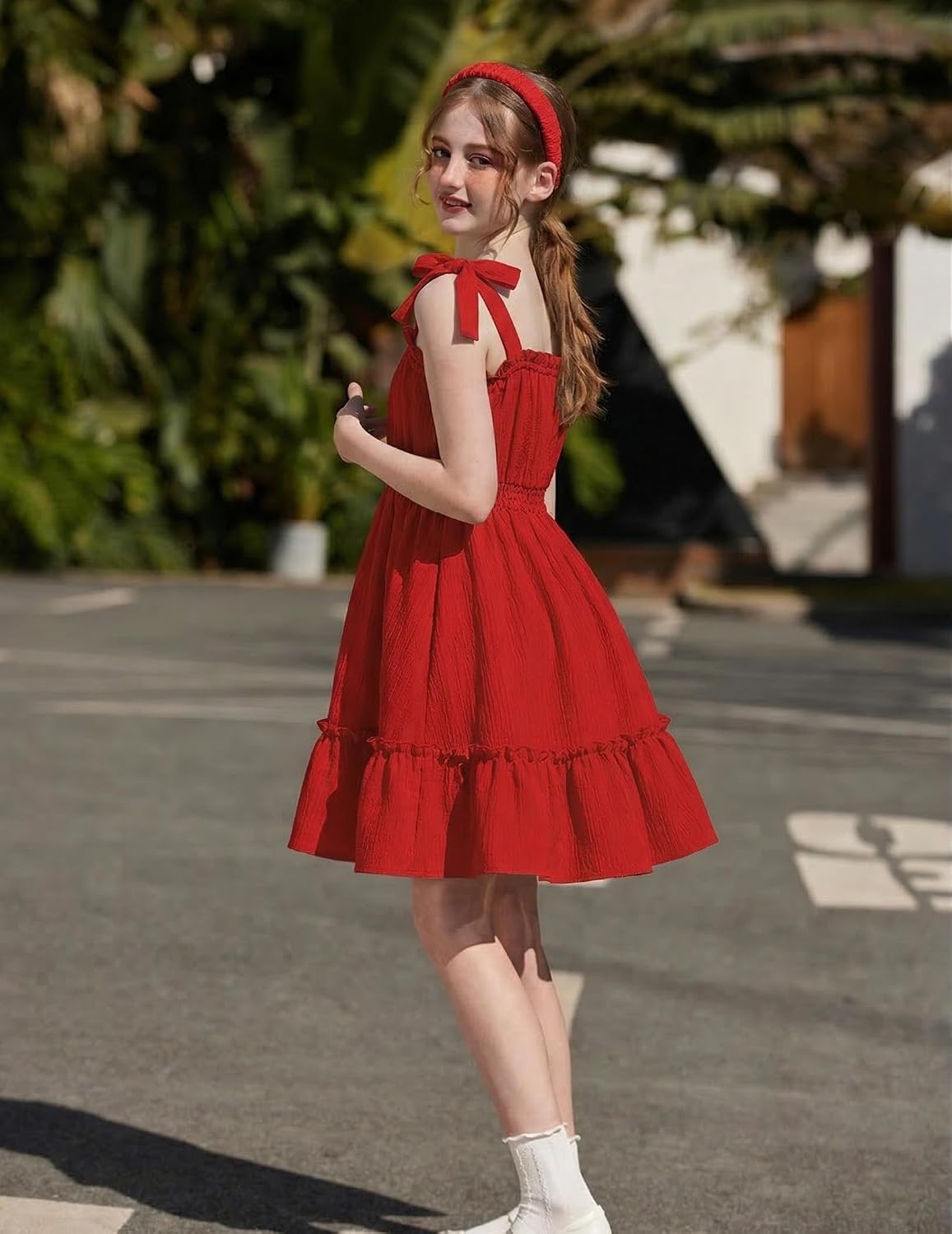 Arshiner Girls Summer Dress Bow-Tie Straps Sleeveless Flowy Ruffle Trim Boho Beach Casual Sundress
