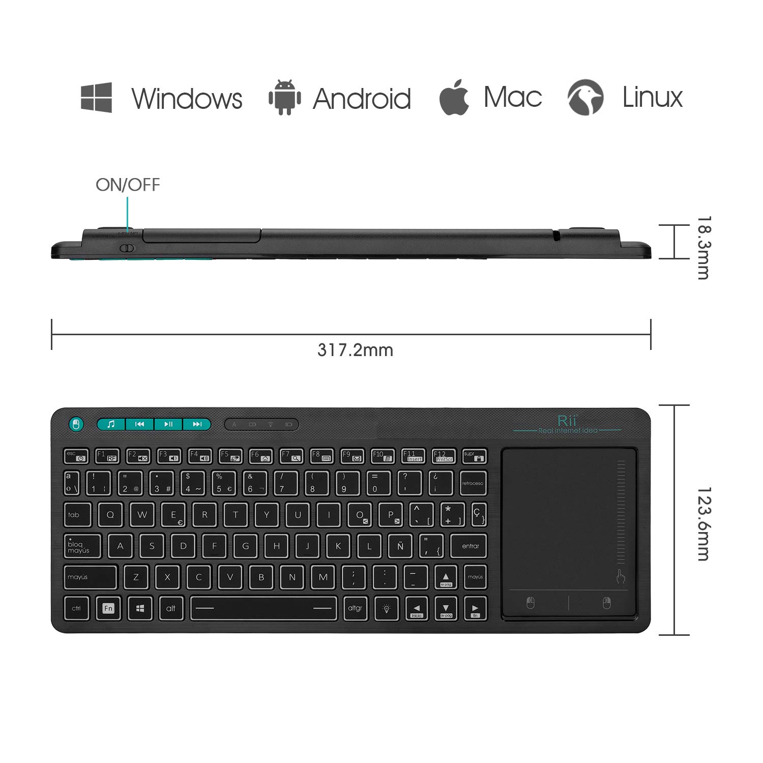 Rii K18 Plus - Teclado inalámbrico Recargable con iluminación Tricolor, diseño Ultra Delgado, para computadoras de Escritorio y televisores Inteligentes - ES Layout