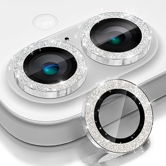 CloudValley for iPhone 16/ iPhone 16 Plus/iPhone 17 Camera Lens Protector Bling, [Glitter Decoration] Ultra-HD Tempered Glass Cover, Metal Lens Screen Protective Ring Accessories,Glitter White