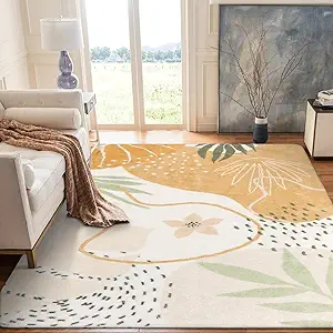 Lahome Boho Area Rugs for Living Room 9x12 - Washable Non-Slip Large Rug for Dining Room, Ultra-Thin Neutral Taupe Botanical Print Soft Carpet for Bedroom Nursery