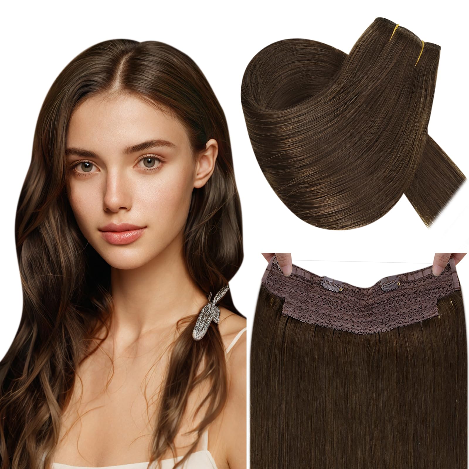 RUNATURE Invisible Wire Hair Extension Real Human Hair Brown Secret Fish Line Hair Extensions Invisible One Piece Headband Remy Straight Invisible Wire Hair 12 Inch 70 Gram #4