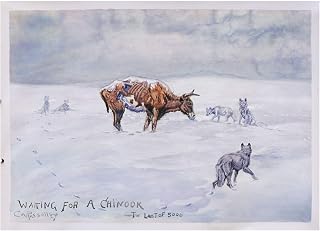 Last of Five Thousand (Waiting for a Chinook) - C.M. Russell hand-painted oil painting reproduction,starving cow with ravenous wolves scene
