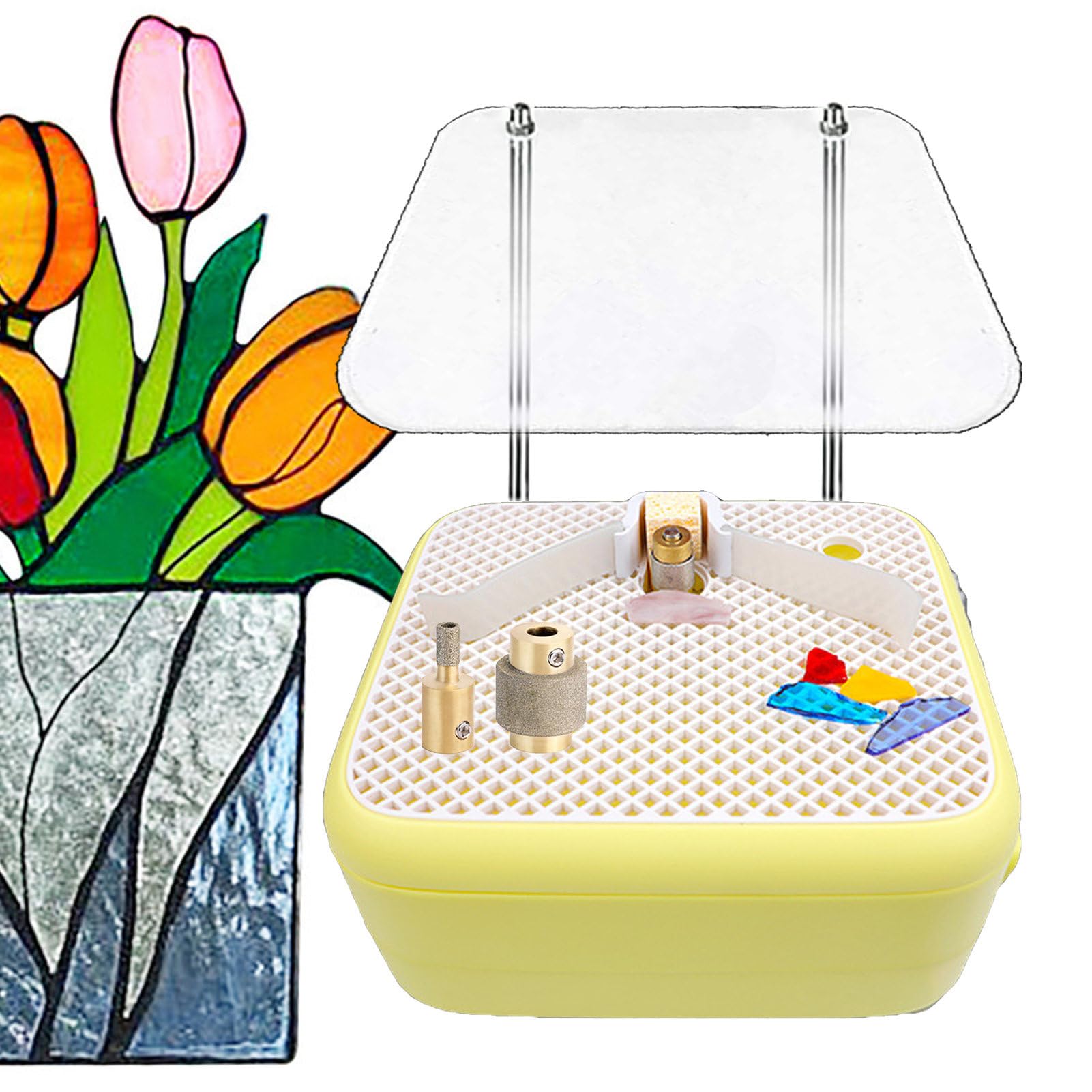 Szlifierka do witraży, automatyczna woda/powierzchnia robocza 22×27 cm/zawiera 3 końcówki szlifierskie, do studia witrażowego (Yellow)