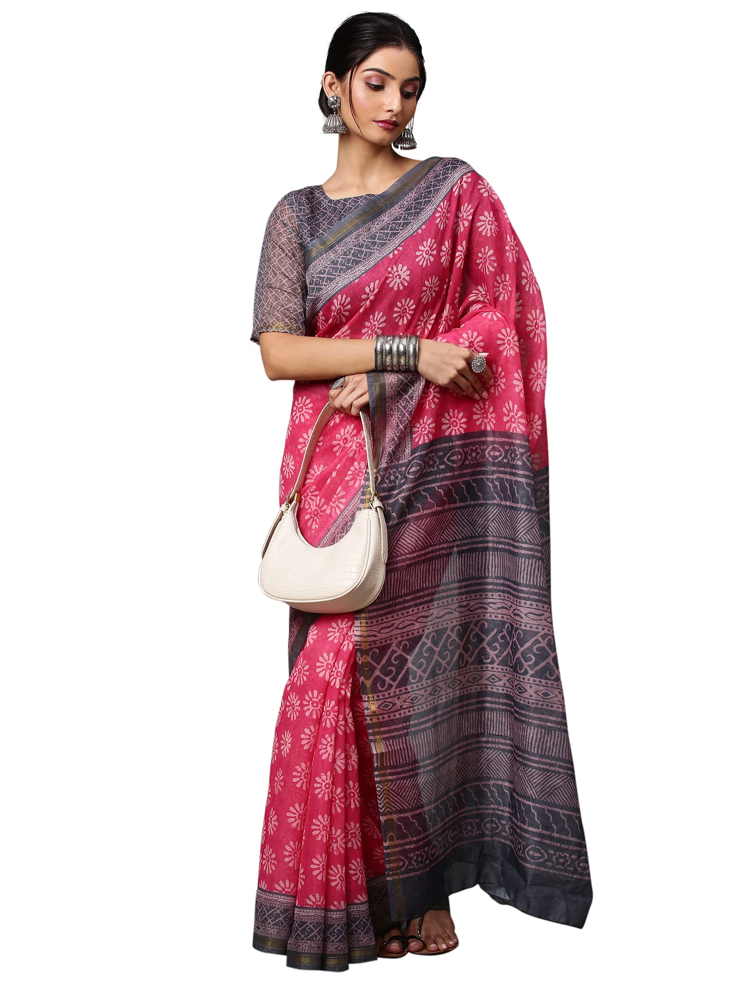 AKHILAMWomen's Linen Block Print Khes Saree with Unstitched Blouse Piece (Lavendar_BATIQ2_Parent)
