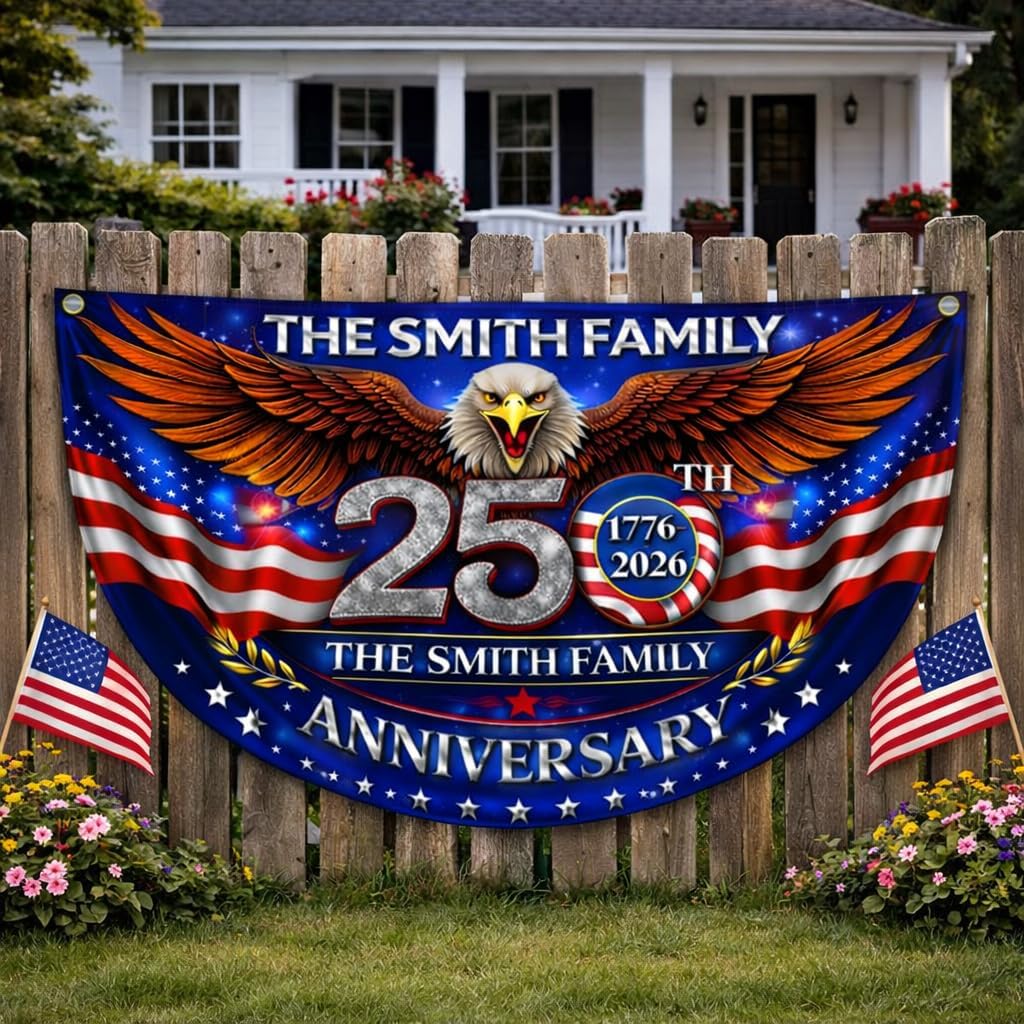 Personalized USA 250th Anniversary Bunting Flag with Family Name, Custom USA 250th Birthday Bunting Flag, America 1776 2026 Patriotic Eagle Design Banner, 4th of July Decor Style 06