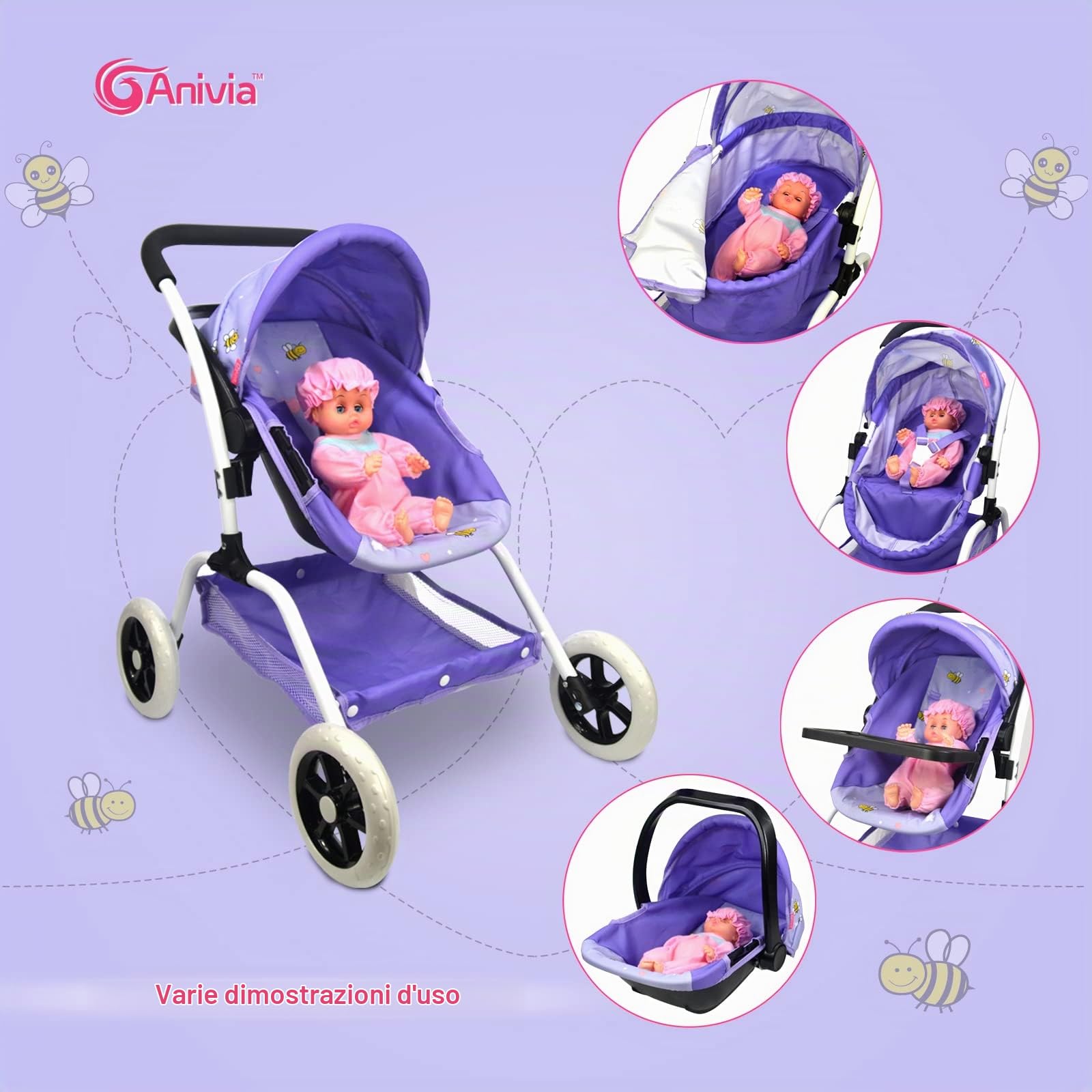 Anivia Dolls Carrozzina, Passeggino per Bambole, Passeggino 8 in 1 Bambole Passeggino e Carrozzina Giocattoli Regalo per Bambini, Bambole Adatte Fino a 14 Pollici - Viola