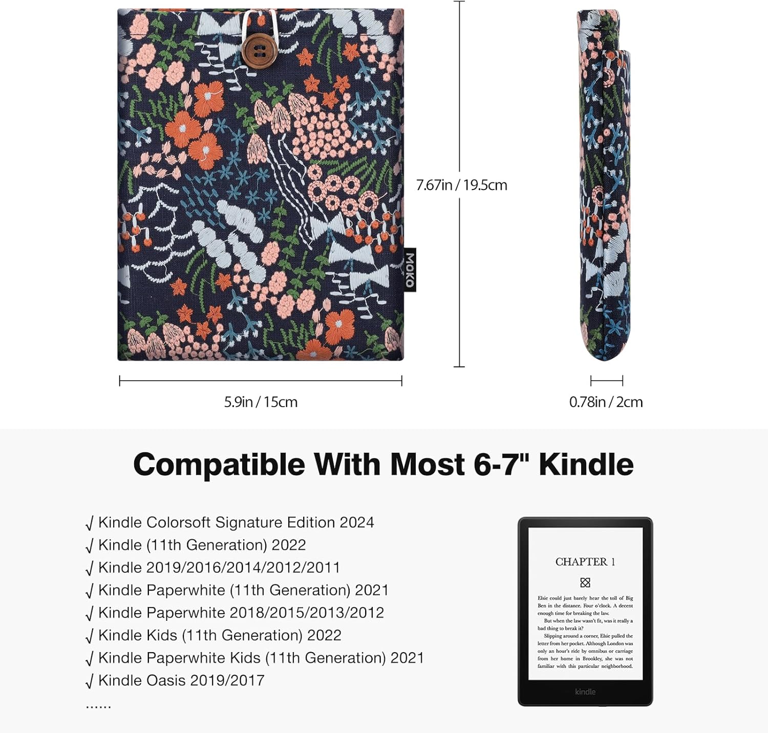 MoKo 6-7" Embroidered Daisy Padded Sleeve Pouch for Fire 7 2022, 7" Kindle Colorsoft Signature Edition 2024, Kindle 11/10/8 Gen, Paperwhite 11th/10th Gen, Pouch for Voyage/Kobo eReader, Indigo Flower