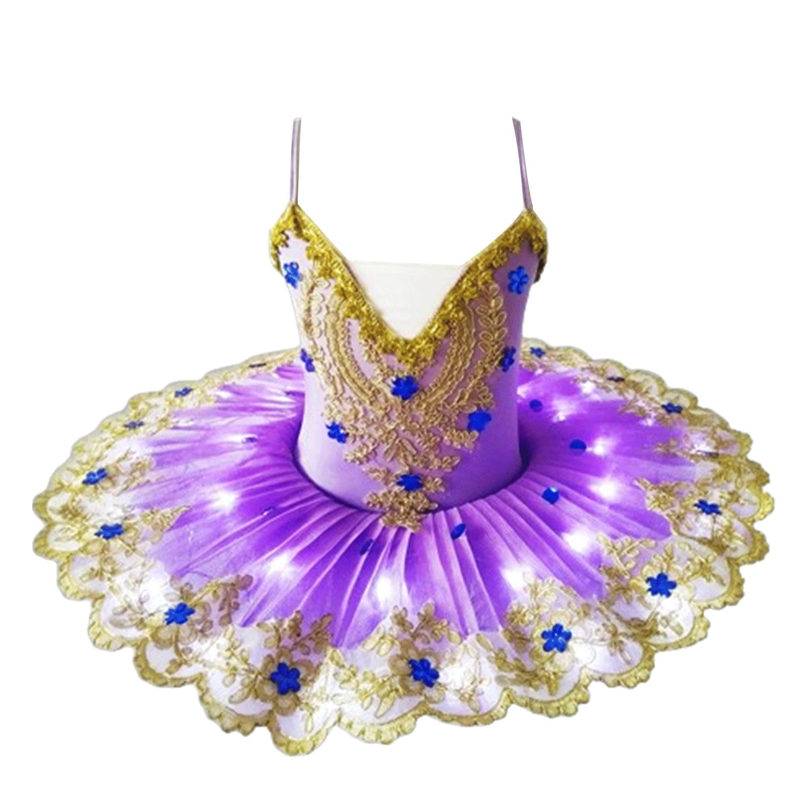 FGRID Vestido de Ballet Profesional para niñas con Lago de Cisne, Leotardo LED, tutú de Bailarina, Camisola Encaje con Lentejuelas, Disfraz de Baile de Cisne con panqueque,Purple led,140