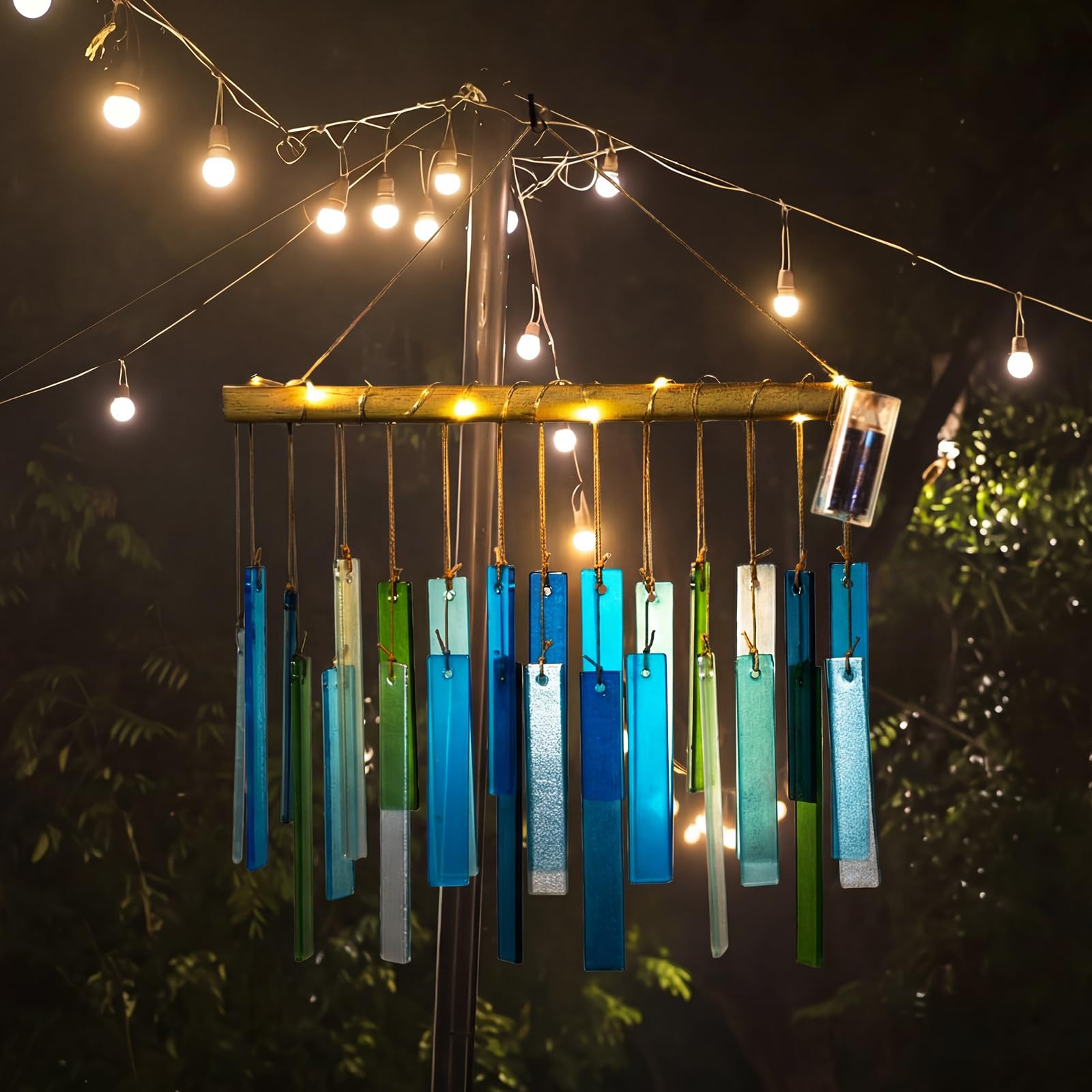 Junkin Carillon en bois flotté bleu avec lumières de 42 cm pour l'extérieur fabriqué à la main - Décoration côtière pour la plage, les vacances, l'été, les femmes