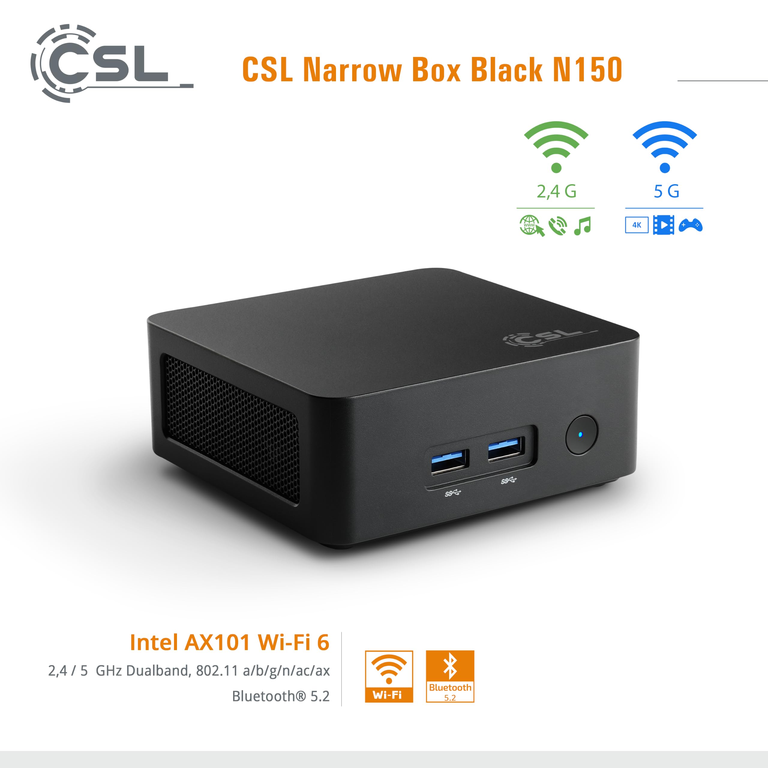 Mini PC CSL Narrow Box Black Windows 11 Home, Intel N150 4X 3600 MHz Turbotakt, 256 GB M.2 SSD, 8 GB DDR4-RAM, Intel UHD Grafik, HDMI 2, USB 3.2, BT 5.2, AX WLAN