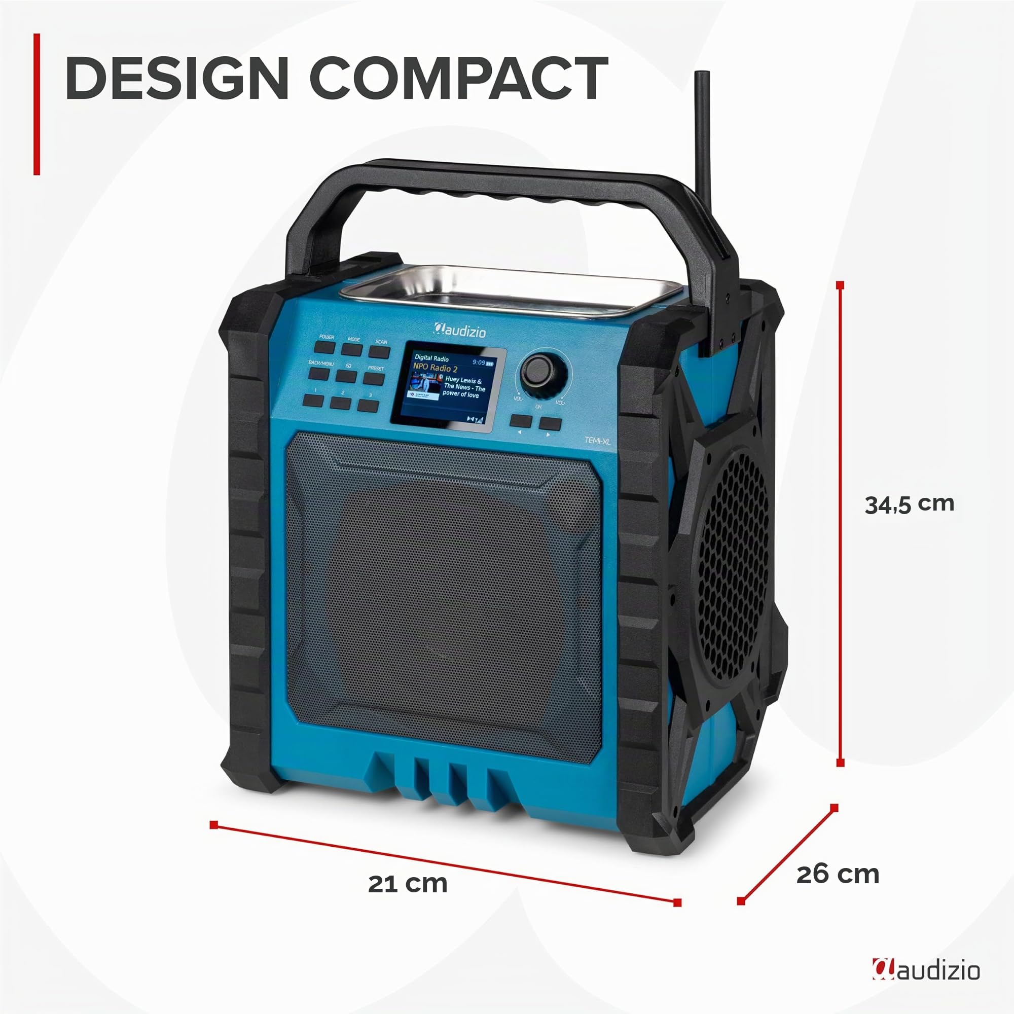 Audizio TEMI-XL - Radio de Chantier 200W avec Dab+/FM, BT sans Fil, Batterie Longue Durée & Powerbank - Enceinte Robuste IP54