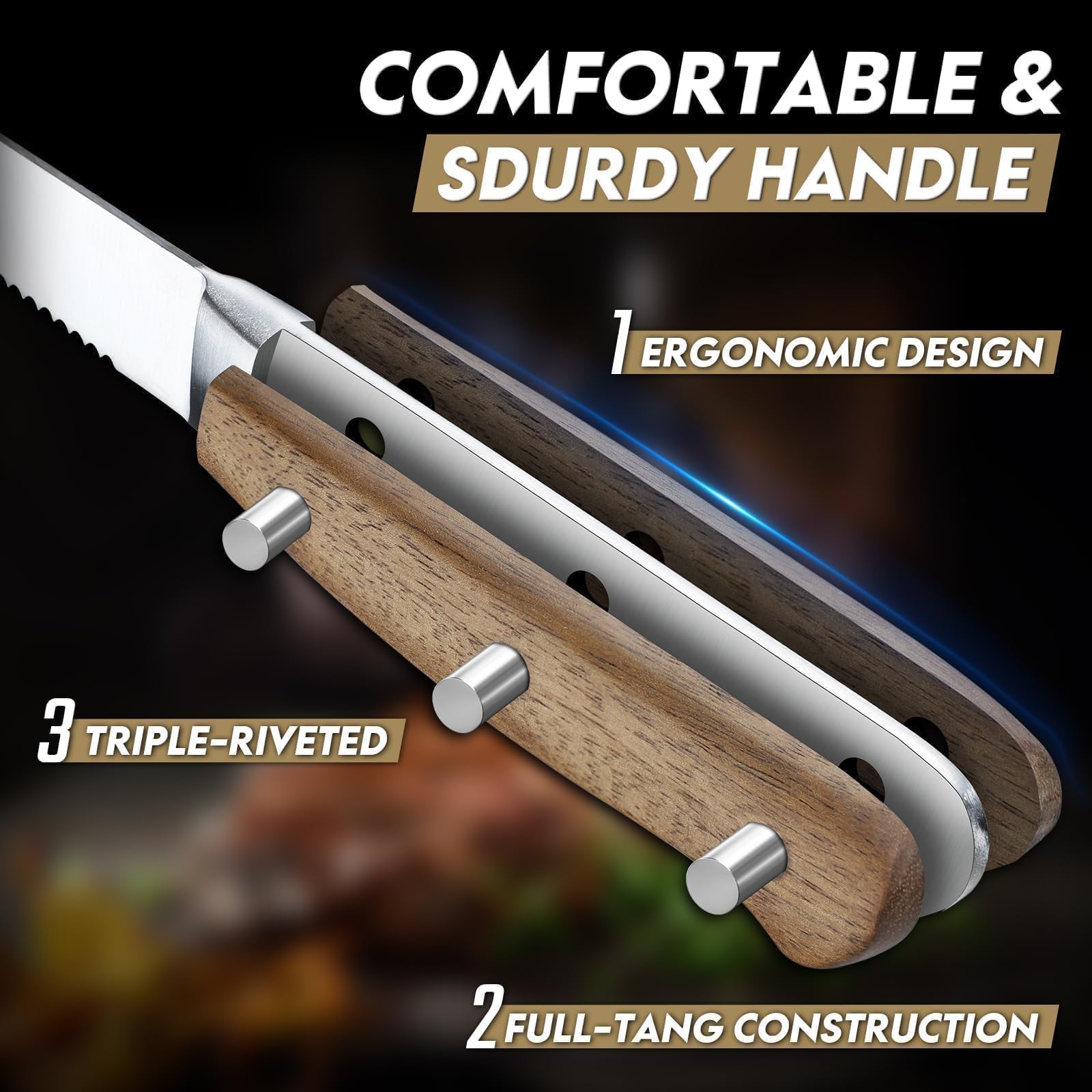 Freelander Juego Cuchillo de Carne 8 piezas, Cuchillos de Mesa con Sierra con Filo Dentado y Mango de Madera Ergonómico, Cuchillos de Bistec Afilados para Cortar Bistec y Carne