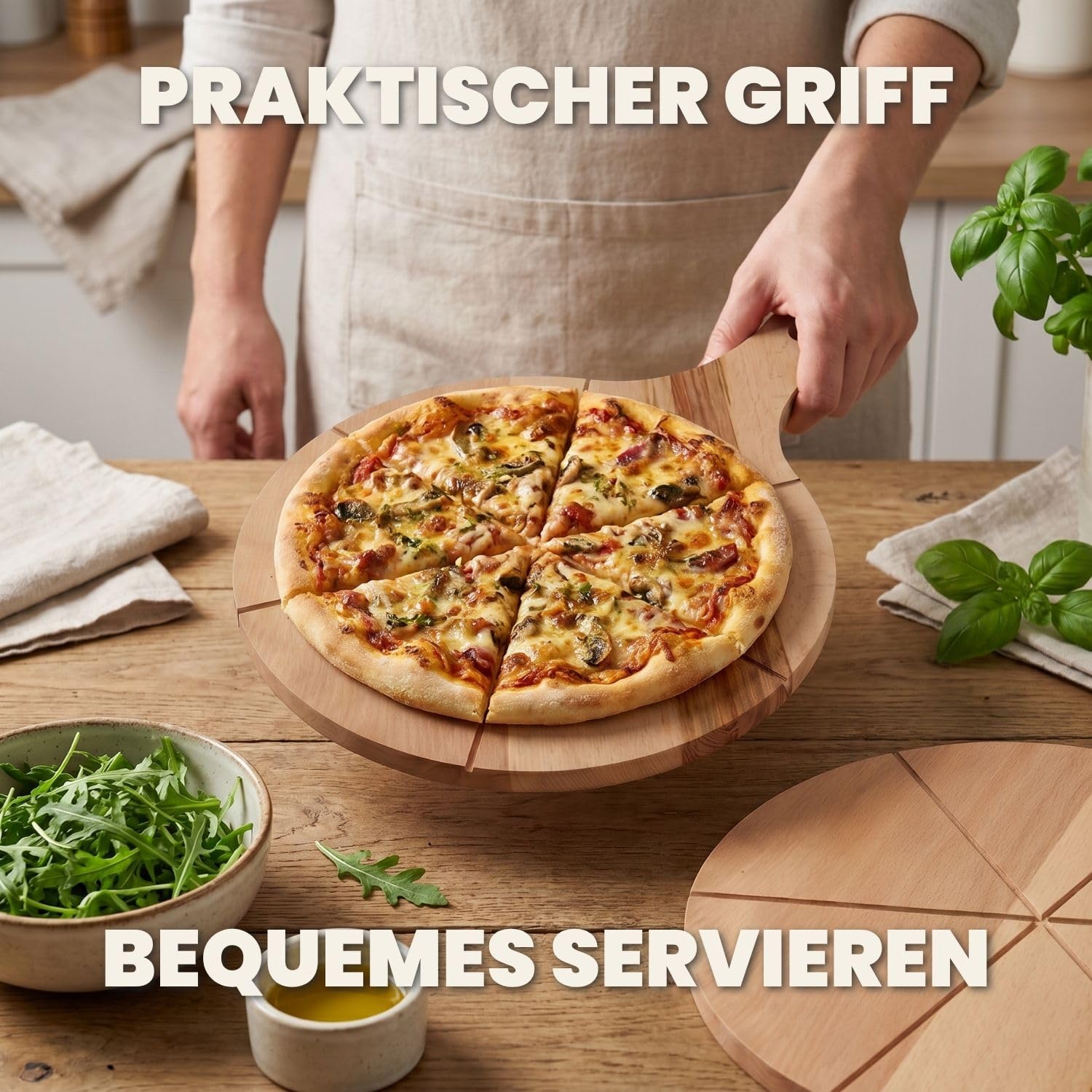 Pizzateller Holz 2er Set mit Griffen aus leichtes Buchenholz 33 cm | 33 cm, Schneidrillen, Erleichtert das Schneiden, Leicht zu reinigen, Hitzebeständig, Aufhängeloch, Für Pizza Snacks und Käse
