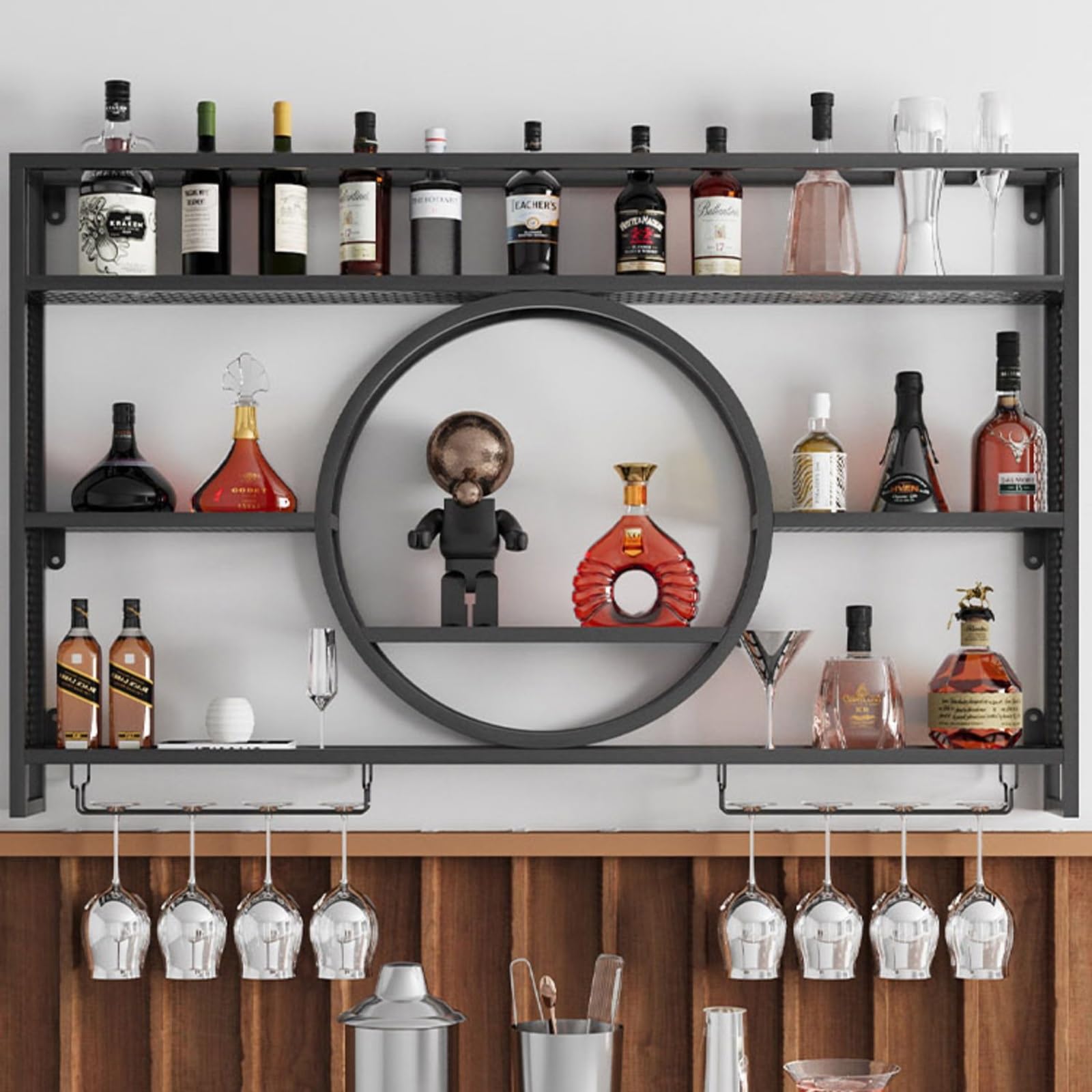 Porte-bouteille mural industriel en métal noir 100x80cm avec casier à vin et porte-verre suspendu