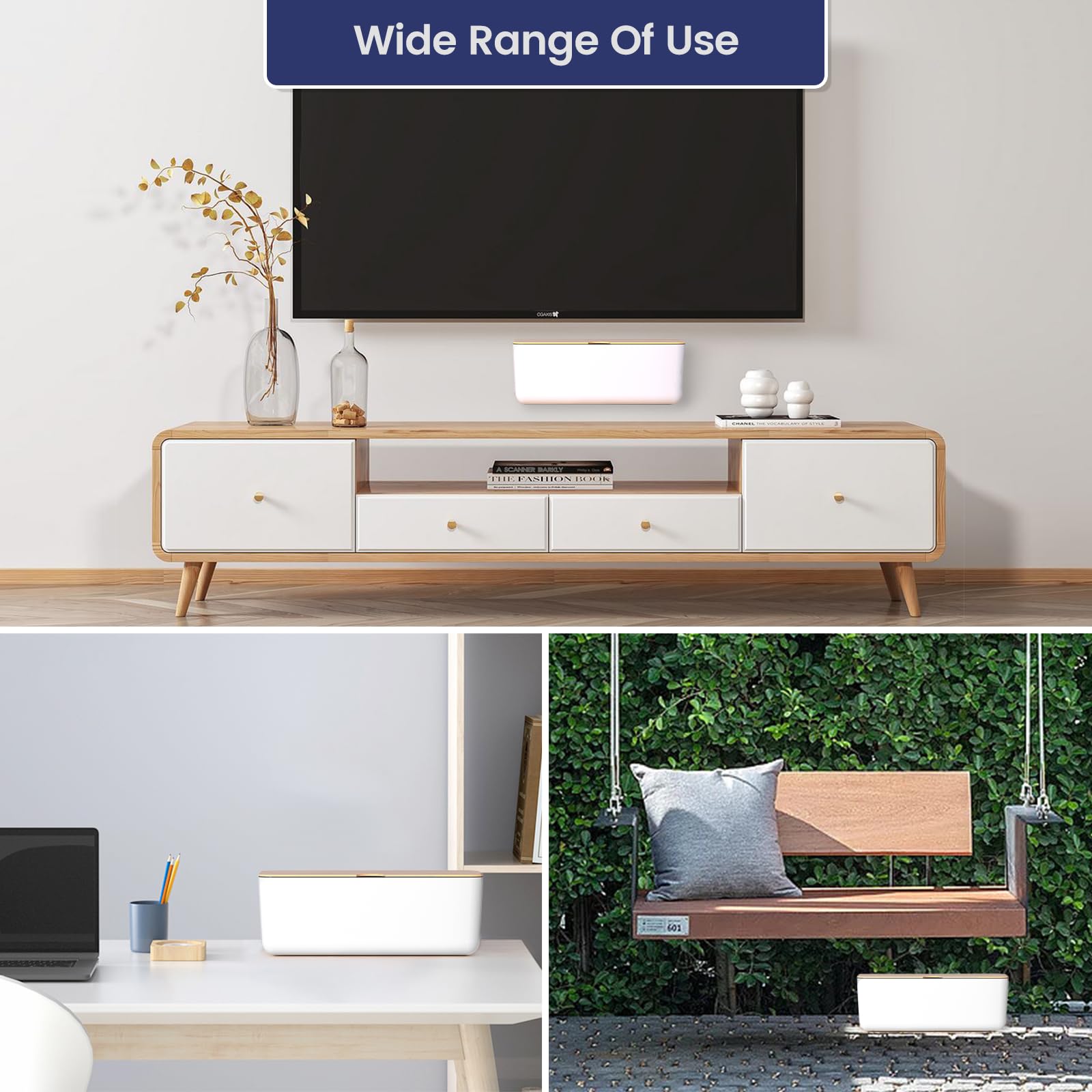 Cable Management Box - Wall Mount Wood Lid Cord Organizer Box for Power Strips, Chargers, TV Computer Wire, Surge Protector Cord Hider Box: Cable Organizer Box for Home & Office - White