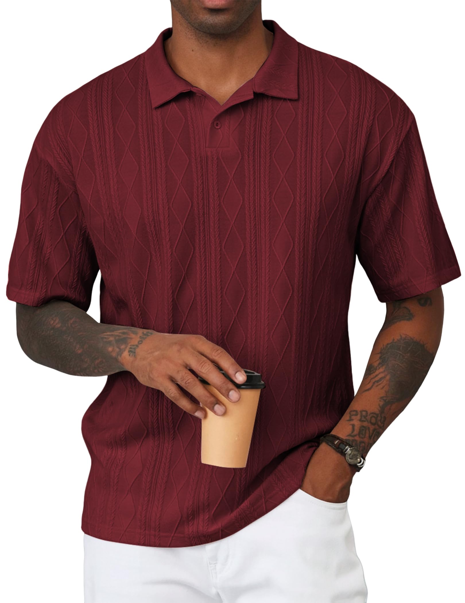 Mens Polo Shirt Textured Knit Button Casual Short Sleeve Summer Vacation Beach Stretchy Golf Shirts