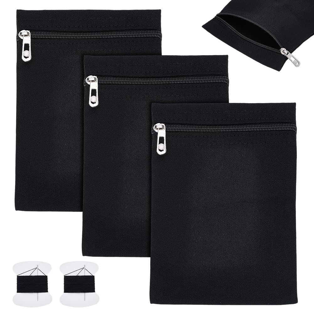PLIGREAT 3 Pcs Sew-in Side Pocket with Zipper, Coat Inside Pockets Hidden Wallet Sew in Pockets for Clothing Coats Sweatshirts Jacket Hoodie, Black