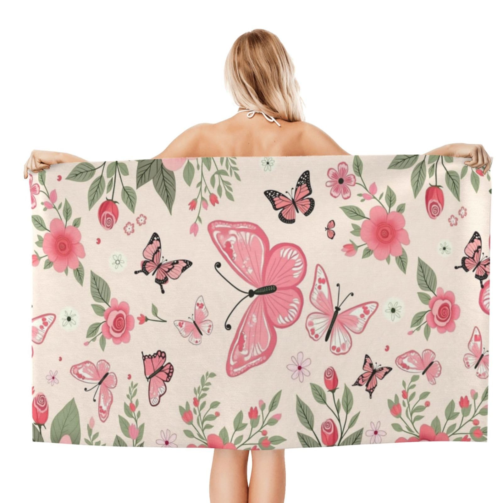 Anceky Beach Towel for Women, Butterfly Floral Sand-Free Microfiber Ultra Soft Lightweight Bath Towels for Outdoor Bathroom Swimming 32"X52"