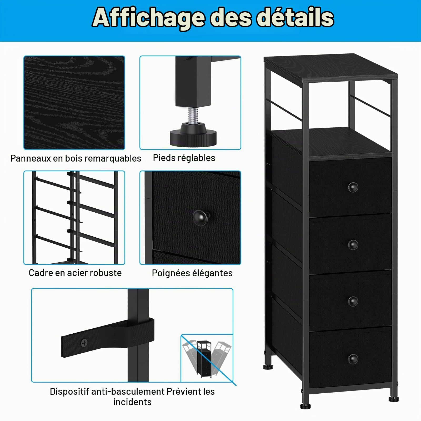 LIANTRAL Commode étroite pour salle de bain avec 4 tiroirs en tissu et étagère en bois pour petit espace Noir