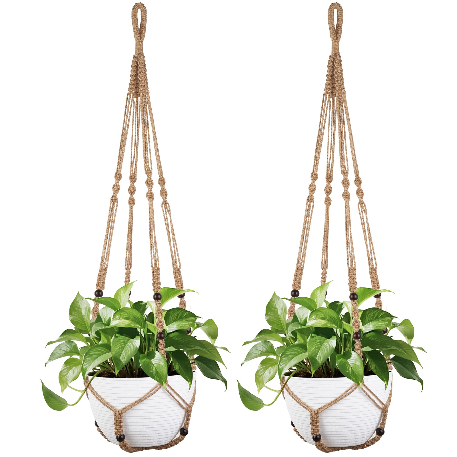 Mkono 43 Inch Macrame Plant Hanger Large for up to 12 Inch Pot Extra Long Hanging Plant Holder No Tassels Hanging Planter Basket with Wood Beads for Indoor Outdoor Home Decor, Brown, Set of 2