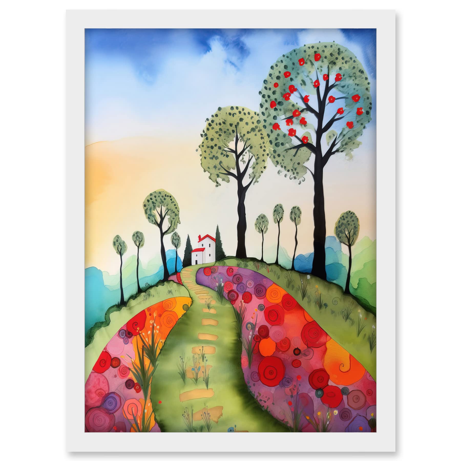 Artery8 Countryside House Path With Flowerbeds Folk Art Landscape Watercolour Painting Artwork Framed A3 Wall Art Print