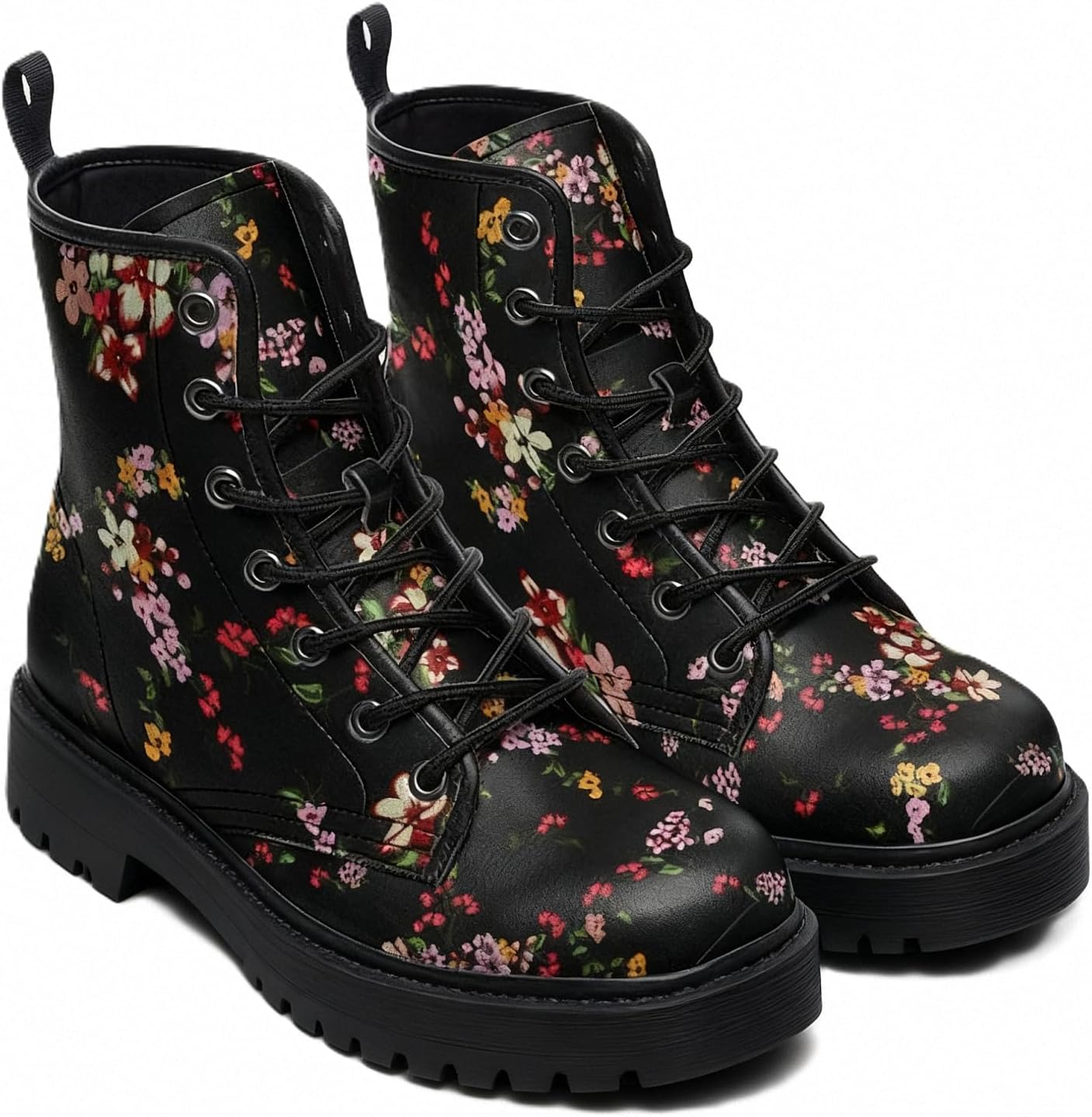 Women Printed Ankle Boots with Flowers Rose Skull Stylish Colorful Casual Platform Leather Combat Floral Booties Travel Everyday Party Halloween Christmas
