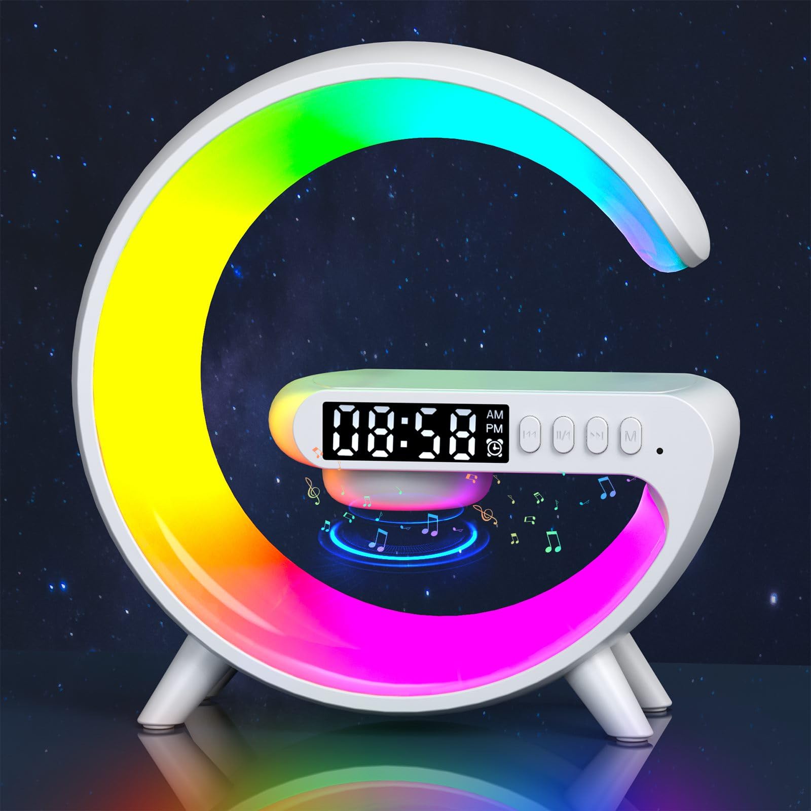 JOPWUE Atmosphere Lamp with Wireless Charger,15W Led Alarm Clock RGB Color Dimmable Ambient Light Smart Table Lamp with Bluetooth Speaker 6 Modes Night Lights for Adults Kids Office Bedroom (White)