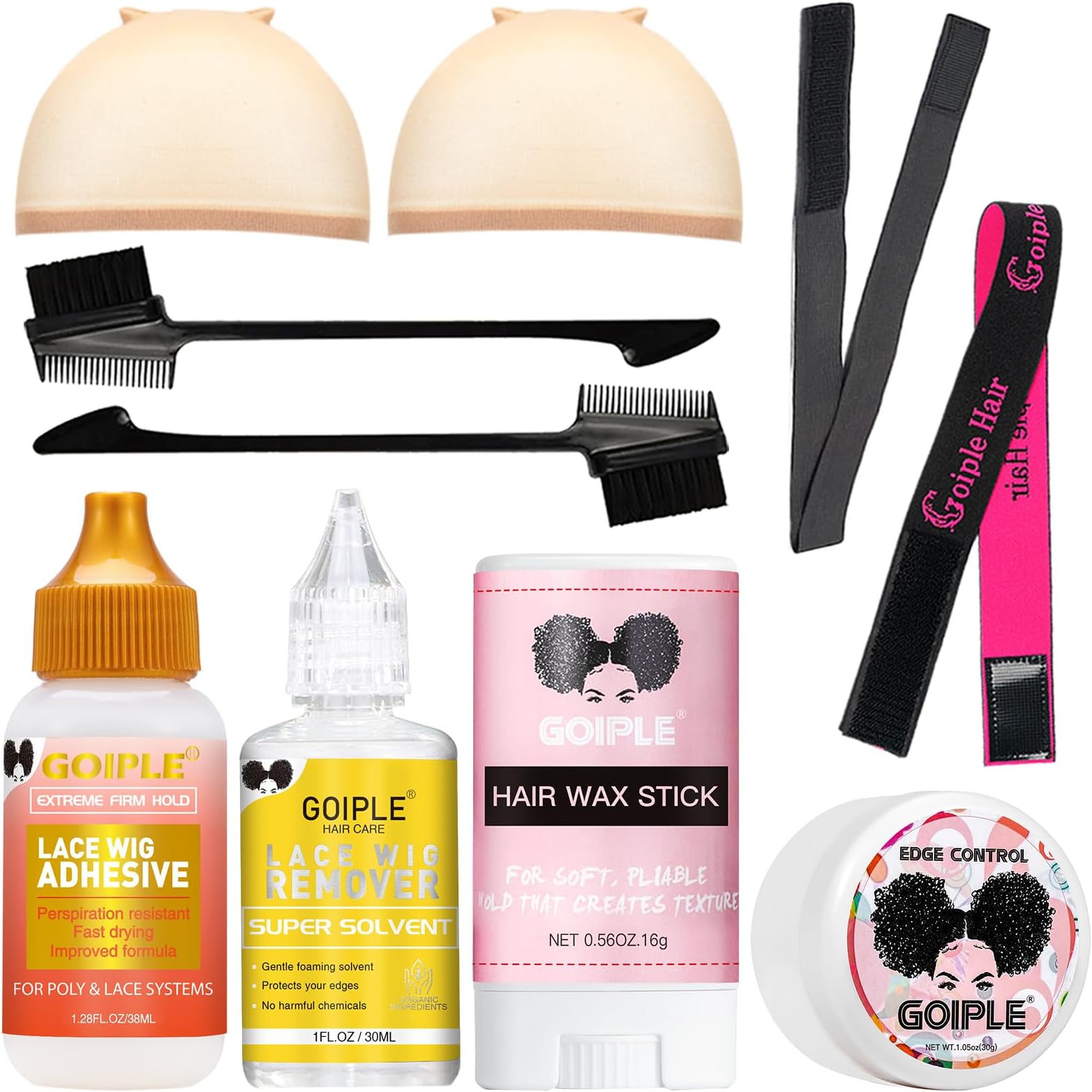 Goiple Lace Front Wig Glue - Waterproof, Lace Glue with Tools and Hair Wax Stick (Wig Glue Remover/Edge Control Wax/Wig Band/Hair Dual Drush)