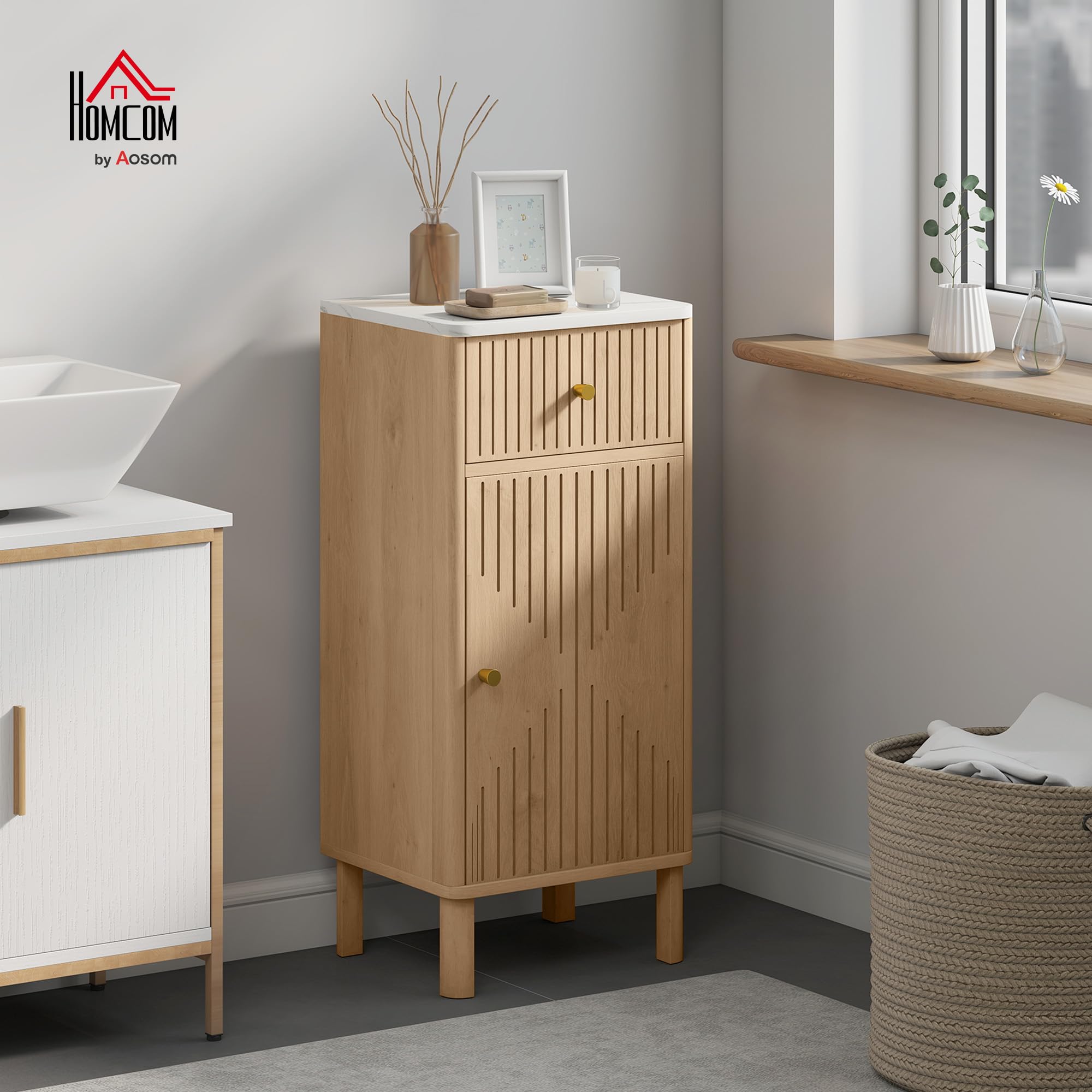 HOMCOM Meuble de Salle de Bain Plateau Effet Marbre 36 x 30 x 80 cm Chêne