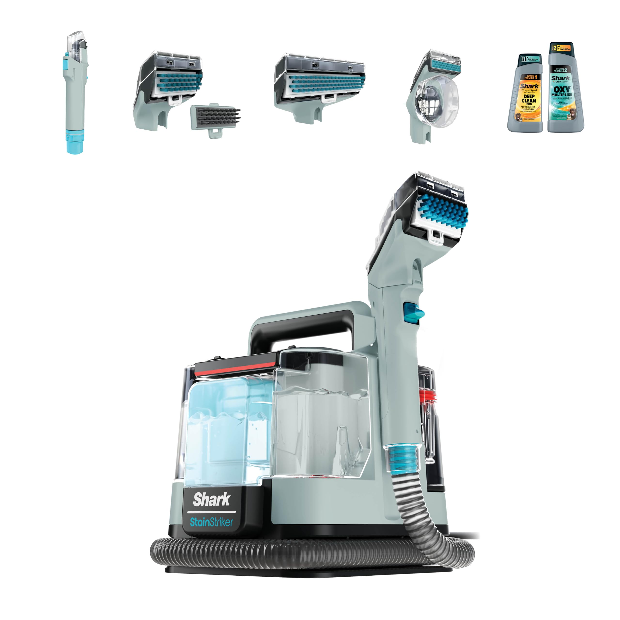 Shark StainStriker Nettoyeur tâches 5 accessoires, pour animaux, suceur plat et tuyaux, 2 formules de nettoyage CarpetXpert (946 ml) & StainStriker (474 ml) pour enlever les taches, Gris, PX200EUCP