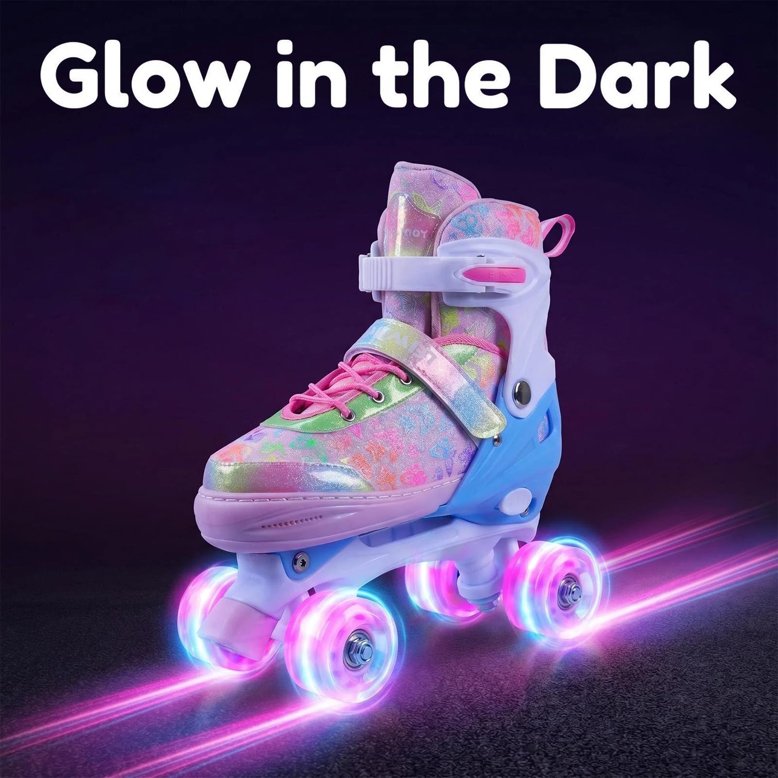 4 Sizes Adjustable Kids Roller Skates for Girls Boys Indoor Outdoor Sports, Butterfly-Pink, Small-Little Kids - Image 9