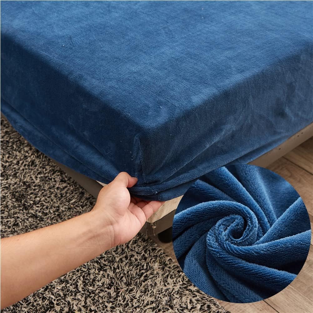 Sábana Bajera Ajustable de Franela 160x200 cm- Highdi Azul Sábana Bajera de Terciopelo Elástica de Invierno, Sábana Bajera 160x190 Adecuada para Colchón de 25-30 cm