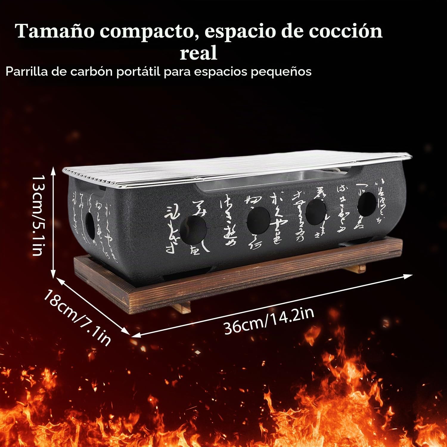Tissting Barbacoa Japonesa de Mesa 36 x 18 x 13 cm – Mini Parrilla de Carbón Portátil con Rejilla y Base de Madera, Horno de Carbón para Yakiniku y Takoyaki