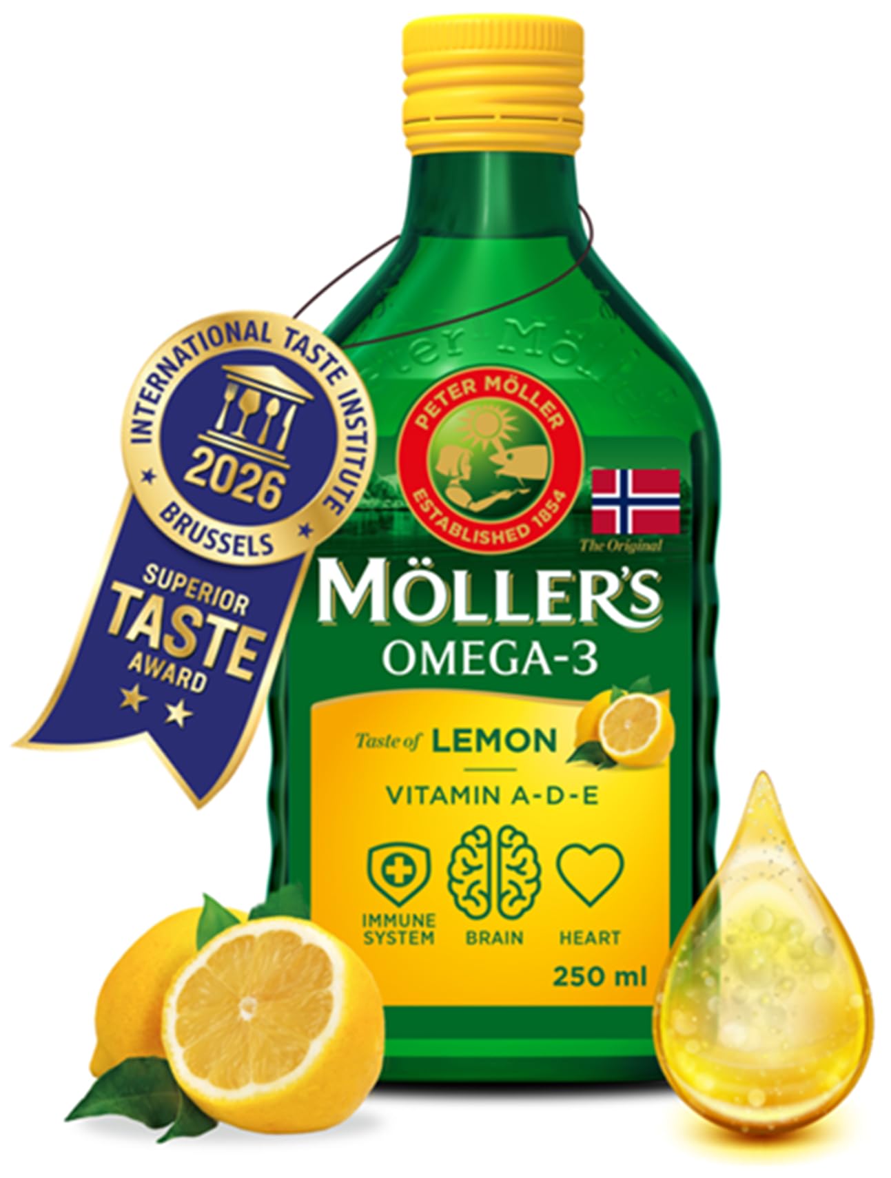 Moller’s ® | Omega 3 Cod Liver Oil | Omega-3 Dietary Supplements with EPA, DHA, Vitamin A, D and E | Superior Taste Award | Pure & Natural cod Liver Oil | Lemon | 250 ml