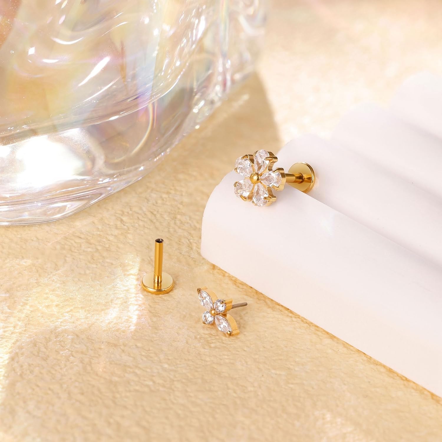 2Pcs 16G 18G F136 Titanium Threadless Cartilage Earrings Stud for Women Flat Back Push in Helix Tragus Labret Monroe Stud Hypoallergenic Flower Conch Lobe Stud Piercing Jewelry 6/8MM - Image 2