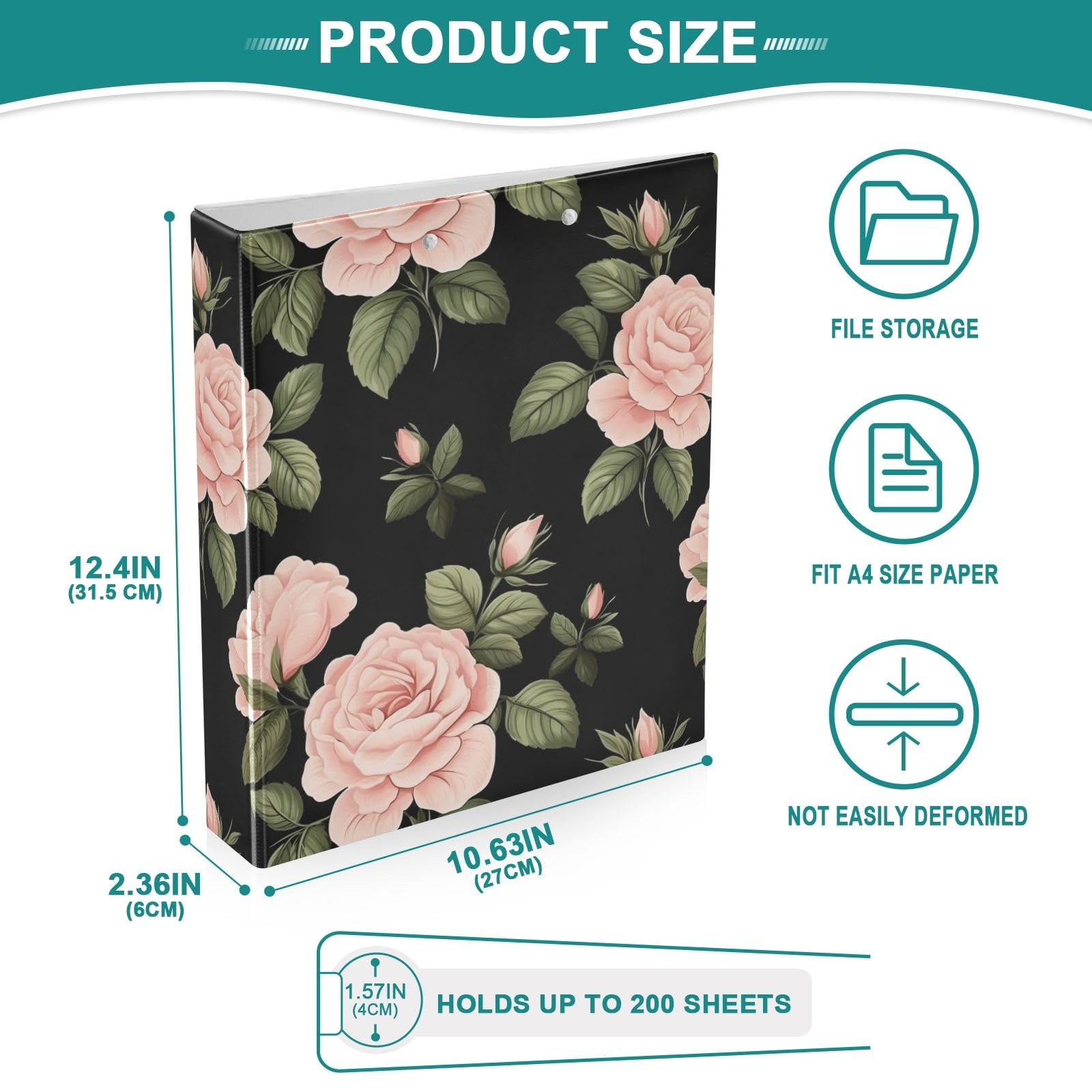 Raccoglitore a 3 anelli con stampa floreale rosa e rosa, 3,8 cm, contiene 200 fogli con 3 tasche interne in PVC trasparente, per scuola e ufficio