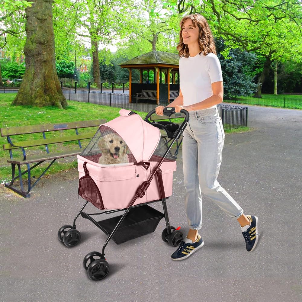 Homewell Passeggino per gatti e cani pieghevole, cestino rimovibile, passeggino per animali domestici, carrello per gatti portatile, con cestino ventilato, spazio di archiviazione e portabicchieri