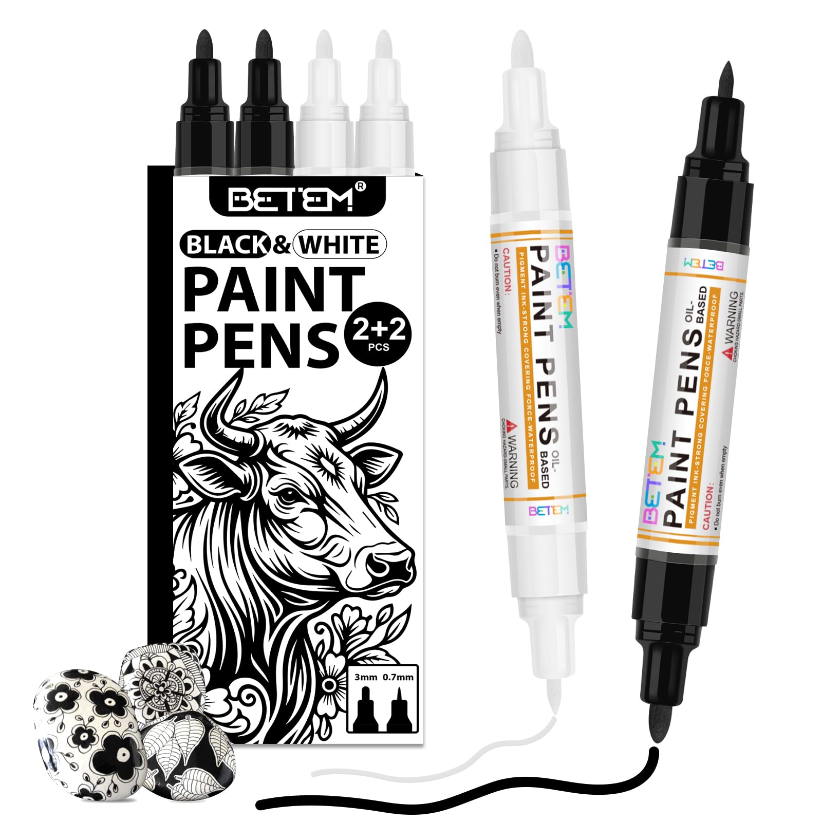 Betem 4 Count Dual Tip Oil Based Black White Paint Pen(0.7mm & 3mm), White Permanent Marker Black Paint Markers, Waterproof, Quick Dry, for Fabric, Rock Painting, Wood, Plastic, Ceramic, Metal, Canvas
